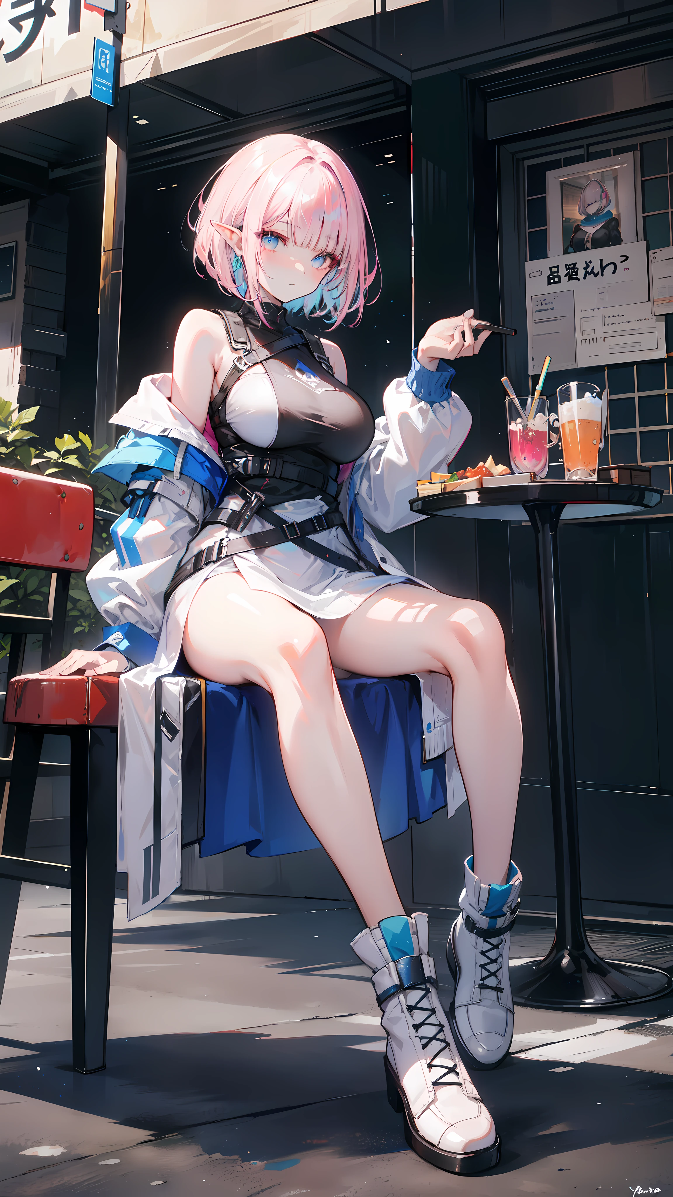 ((masterpiece, best quality)), official art, unity 8k wallpaper, ultra detailed, an elf woman, she's sitting at a restaurant table at the sidewalk, eating lunch, BREAK, highly detailed of (elf), (1girl), perfect face, details eye, Bob cut hair, Blunt bangs, (hair over one eye), light pink hair, blue eyes, eyelashes, eyeshadow, pink eyeshadow, Big breast, nice body, concept art by Artgerm, by Kawacy, By Yoshitaka Amano, BREAK, techwear streetwear look and clothes, we can see them from feet to head, highly detailed and intricate, techwear fashion, White boots, BREAK, plate, soda glass, she's looking away, scenery, urban scenery, cars, detailed scenery, beautiful background, (depth of field:1.3), (blurry background:1.2), shiny skin, high noon lighting, vivid colors, side view, BREAK, extremely detailed, Dutch angle,