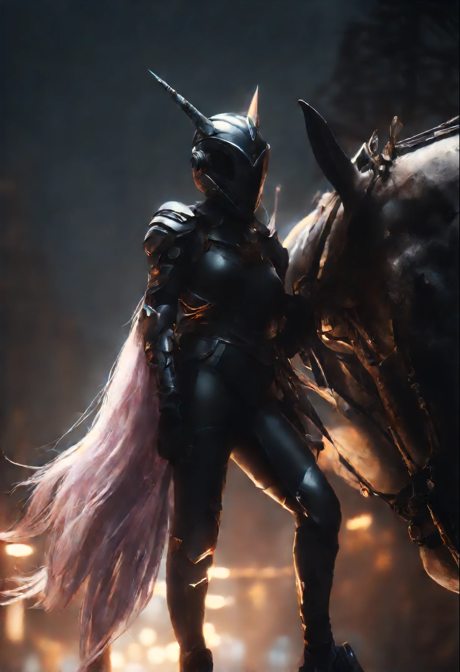 1 girl, no face, mysterious, helmet, unicorn horn, glowing eyes, Extreme detail expression, Glossy metal, dynamic angle, detailed light, dramatic_shadow, ray_tracing, reflection,Raw, cinematic shot, (sharp focus:1.5), (photorealistic:1.2), twilight lighting, volumetric lighting, ultra high res, 16K,dramatic lighting,