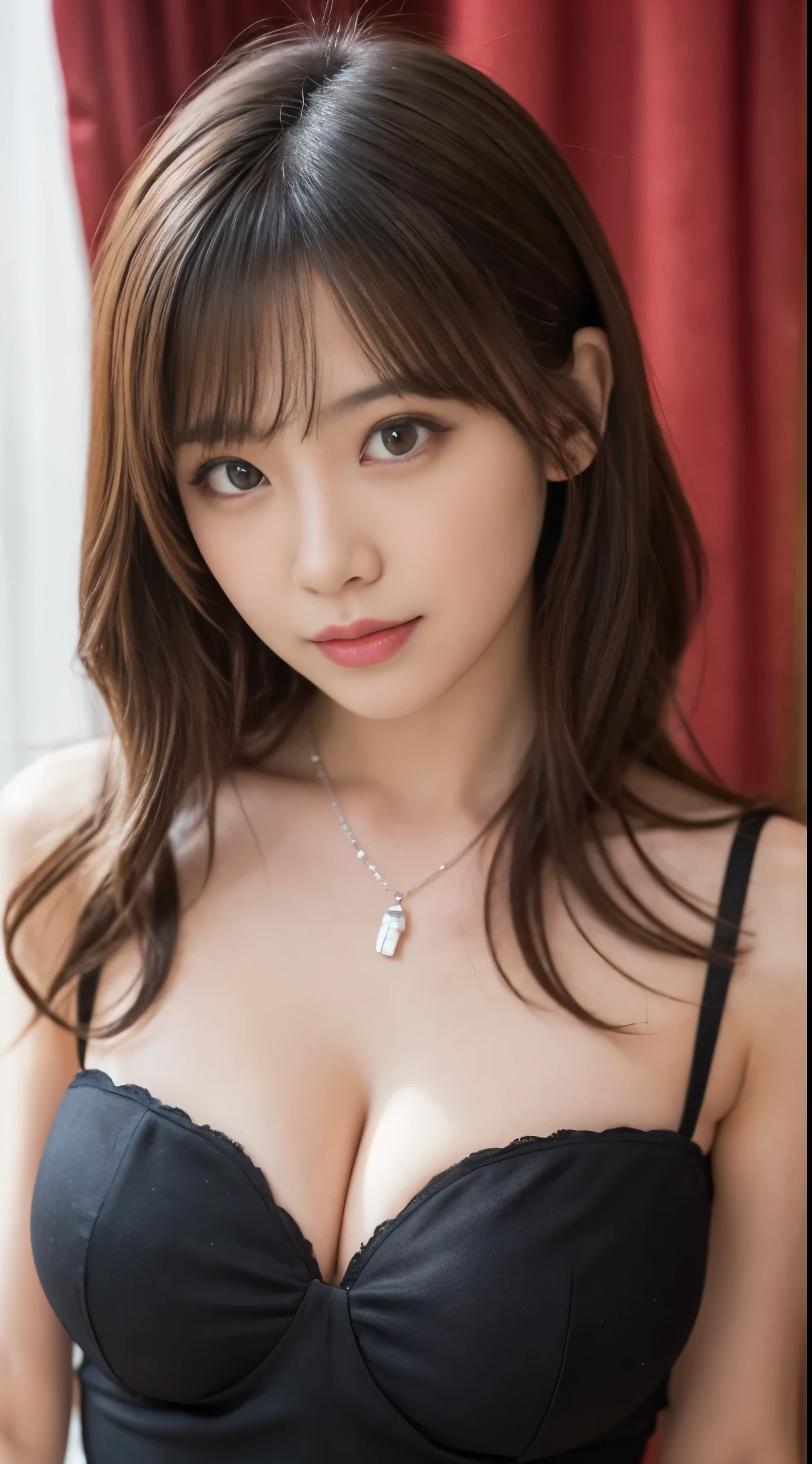 33 year old cute woman､Photos taken by a professional photographer，light brown delicate hair，Medium hair with wavy tips，Fancy makeup with brown eyeshadow，Black dress，round silver necklace，Medium breasts and cleavage，Looking away，Black High Heels，