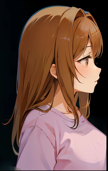anime girl with long brown hair and pink shirt looking away, profile of anime girl, anime woman headshot profile, anime girl portrait profile, semi realistic anime, sayori, close up iwakura lain, iwakura lain, ilya kuvshinov with long hair, semi - realistic anime, female anime character, realistic young anime girl, chiho