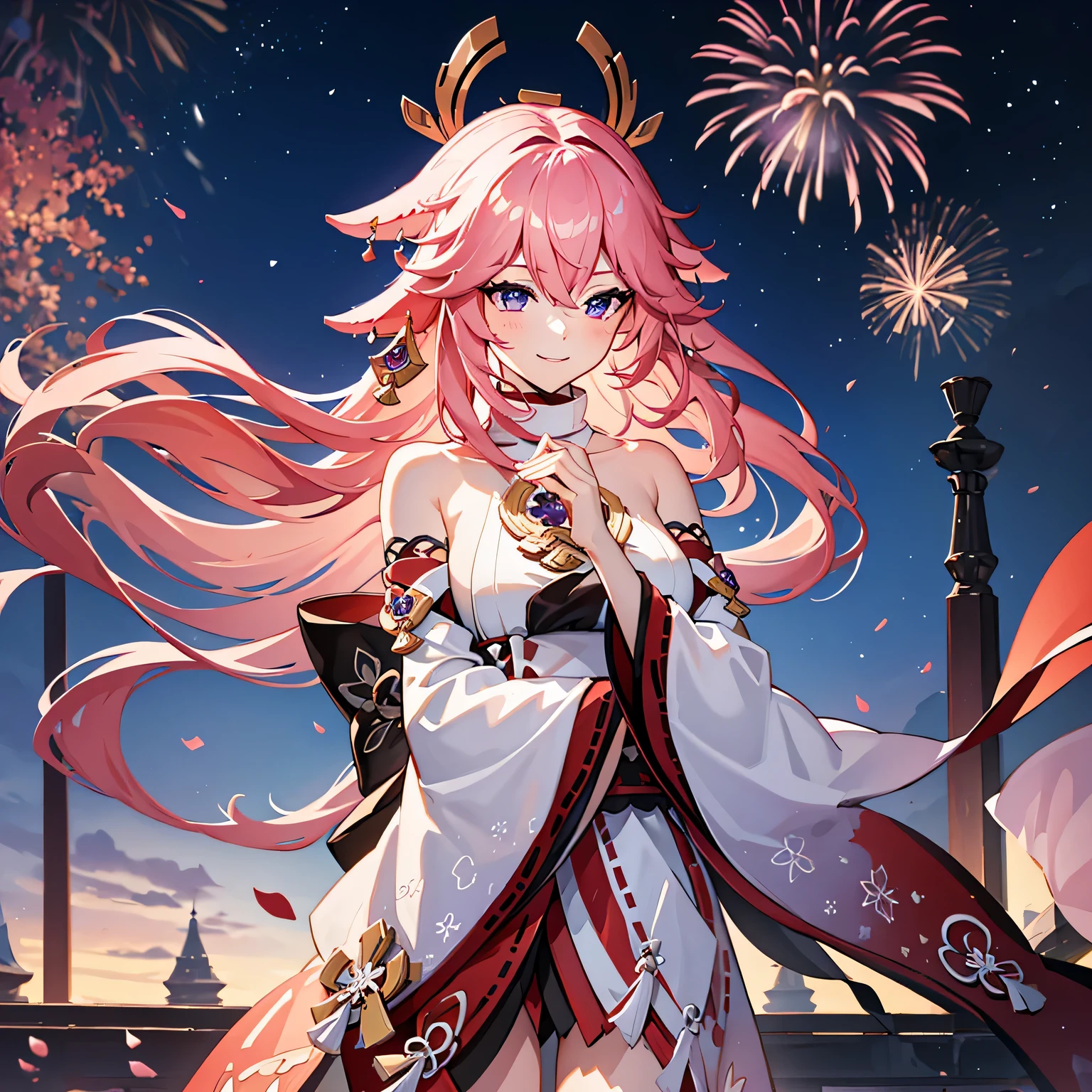 wide wide shot,Expansive night sky,Ring in the New Year,winter snowflakes flying,The landscape,painting of a,illustratio,sportrait,YaeMiko, with pink hair, The sleeves are separated, No shoulder strap,((Grand fireworks show in the night sky)),Colorful fireworks,Twinkling stars,futuristic high rise building,Romantic atmosphere,overwhelming excitement,festive atmosphere,Magical moments,Inspiring artistic creations. Best quality at best,4K,8K,A high resolution,tmasterpiece:1.2,ultra - detailed,actual:1.37,