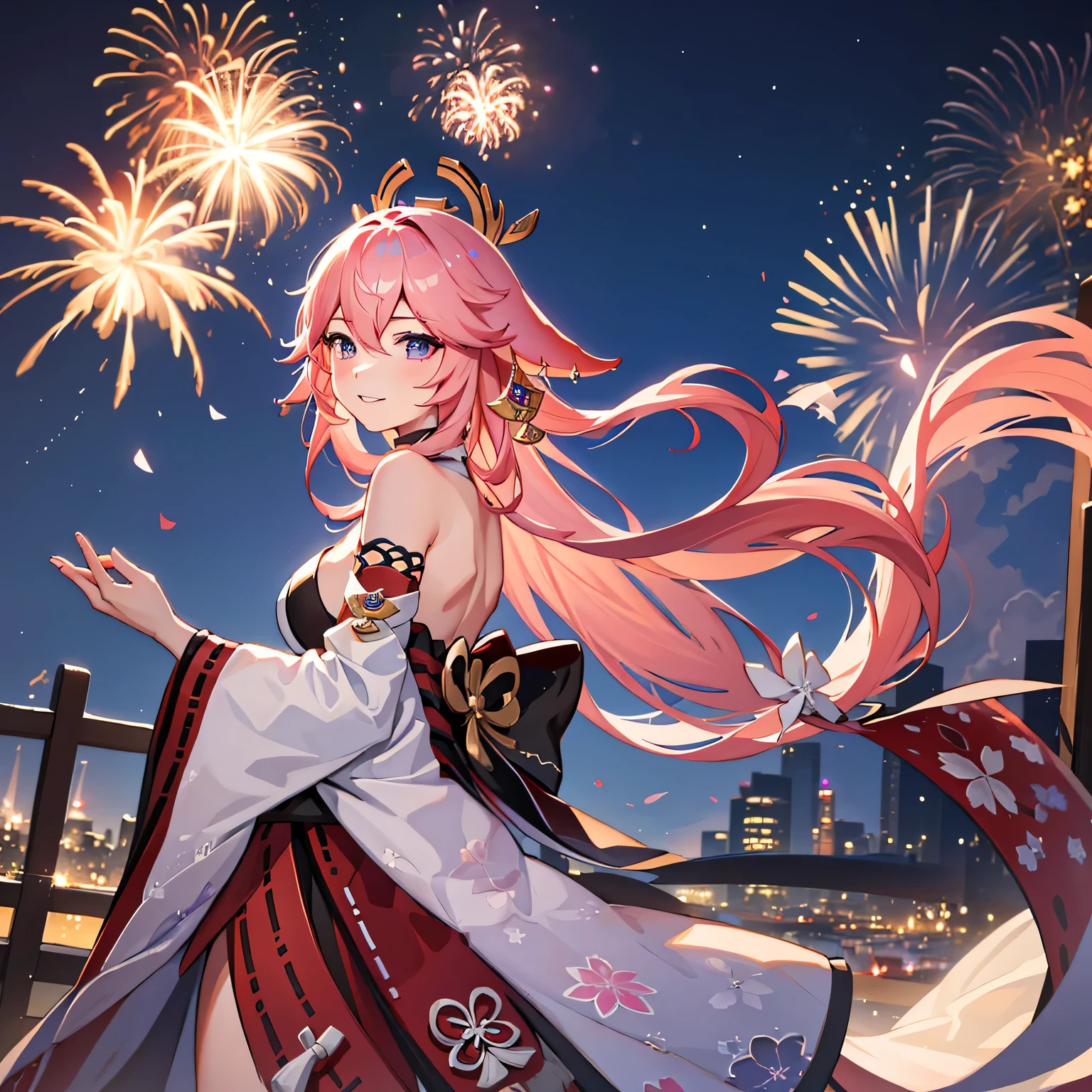 wide wide shot,Expansive night sky,Ring in the New Year,winter snowflakes flying,The landscape,painting of a,illustratio,sportrait,YaeMiko, with pink hair, The sleeves are separated, No shoulder strap,((Grand fireworks show in the night sky)),Colorful fireworks,Twinkling stars,futuristic high rise building,Romantic atmosphere,overwhelming excitement,festive atmosphere,Magical moments,Inspiring artistic creations. Best quality at best,4K,8K,A high resolution,tmasterpiece:1.2,ultra - detailed,actual:1.37,