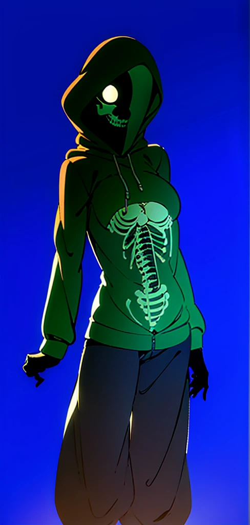 One Girl, Big boob, Green Hoodie, Long Gary pants, Black silhouette face, No Face, Humanoid, Shadow Face, White Eyes, skeleton teetgh