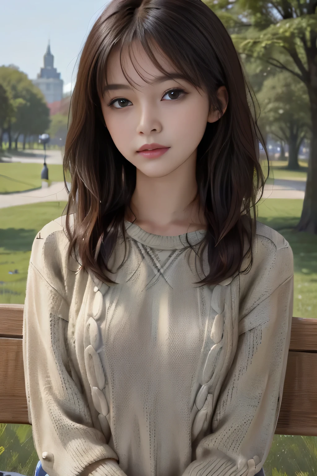 Best Quality, Photorealistic, 8K, hight resolution, fulcolor, 1girl in, Woman, 20 years old Woman, (Skindentation), (Portrait:0.6), Trees, park bench, Daylight, ((Park background:1.52)), fulcolor, ((Sweaters:1.68)), straight look at viewer:1.8, (1girl in eyes looking at viewer:1.55), (medium lenght hair, A dark-haired, parted hair:1.45), (Bokeh),