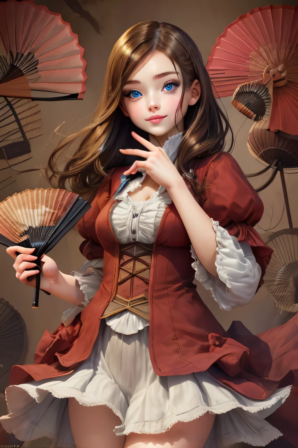 black hair color hair,eBlue eyes,girl,ssmile,period clothing,folding fan