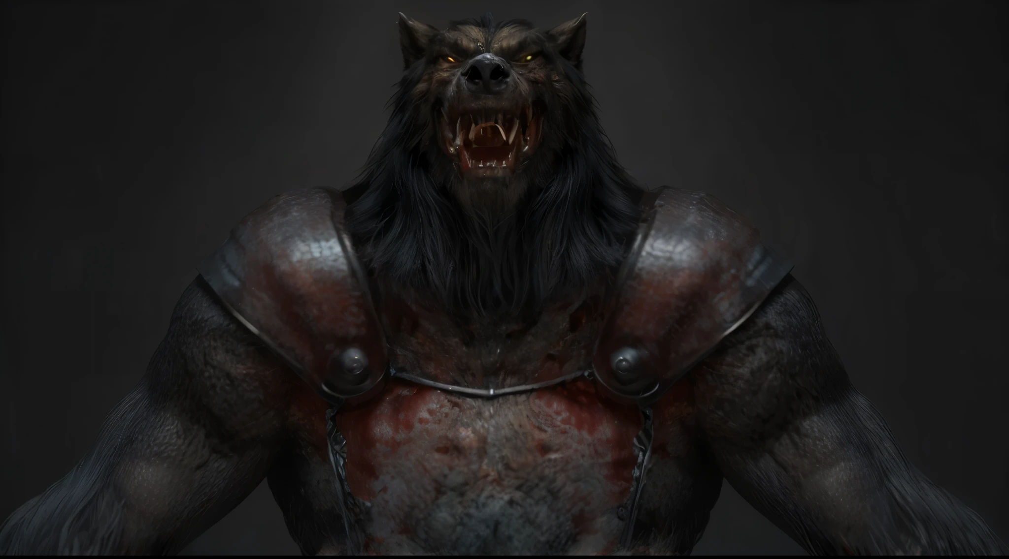 (masterpiece),(best quality:1.0),(ultra high resolution:1.0),monster, werewolf, zombie wolf, zombie , claws, fangs, body hairs, chains,chest armor, metal armor, menacing look, face focus, wolfteam, 8k wallpaper, full body