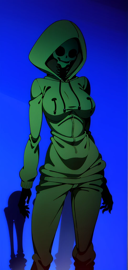 One Girl, Big boob, Green Hoodie, Long Gary pants, Black silhouette face, No Face, Humanoid, Shadow Face, White Eyes, skeleton teeth