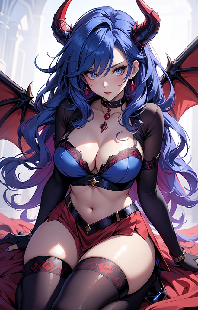 best quality,tmasterpiece,final resolution,The soft,Extremely colorful,Colorful,Dragon beauty,Mature face shape,blue color eyes,Red and blue hair,(Long Red and blue hair),(Kneeling pose,blackstockings,high-heels)Redlip,choker necklace,Long messy hair,A pair of dragon horns,A pair of dragon wings,A mature woman,Crop topping,Superskirt,Obscenity exposed,refuge,sky sky,Normal posture