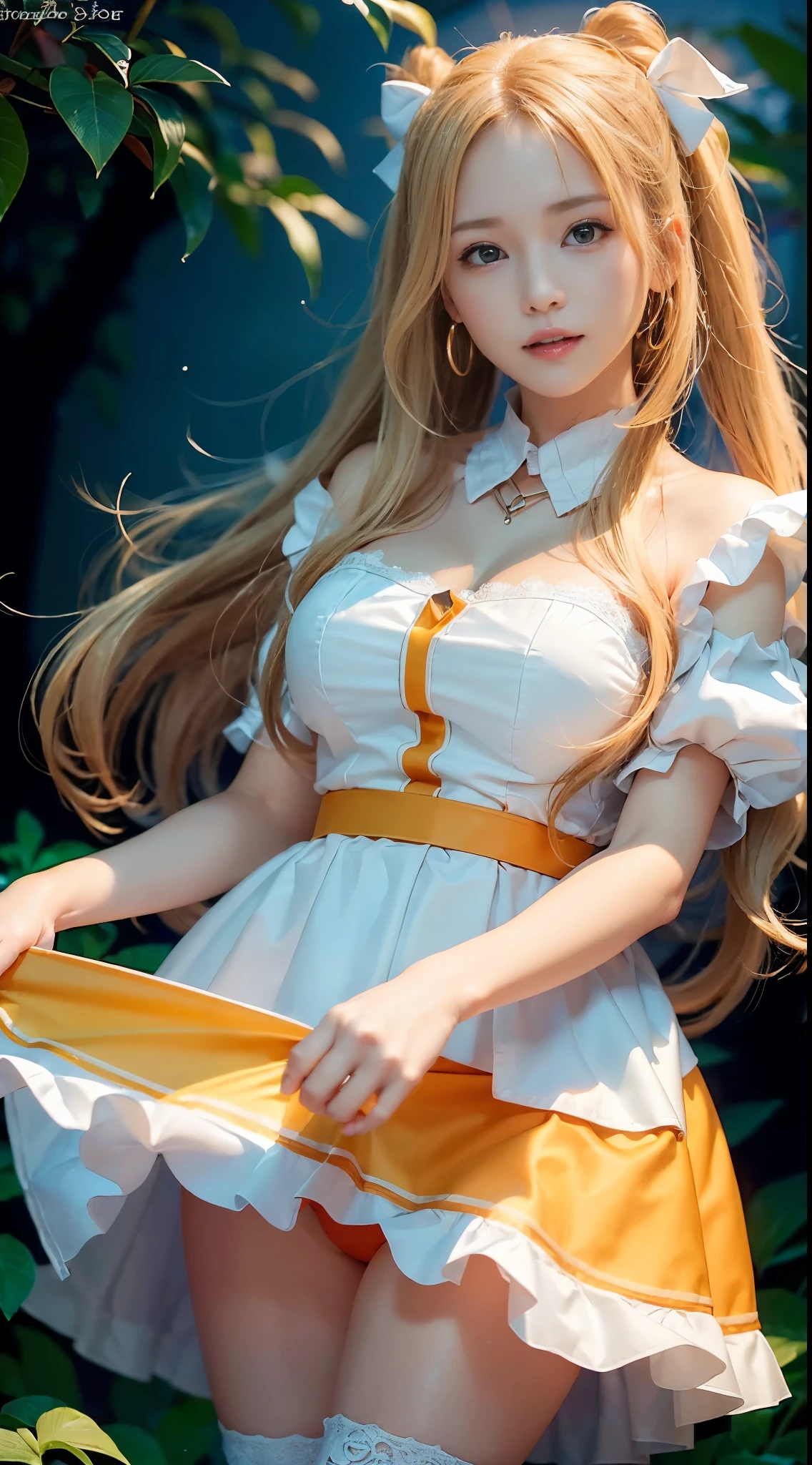 (Very cute 20 year old young woman from Japan), ((bright blonde delicate hair)), ((Short hair with side wave twintails)),(((Slender and slender body type))),medium bust size、small tits、 (((Clean hands))),(Curly hair),(((Very sweet smile))), (((She is wearing light orange and white collaborative lace panties))),(((She is wearing a light orange and white collaborative knit dress.))) ,((of the highest quality, 16 K, masutepiece: 1.3)), Light on Face, hyperdetailed face, very detailed lips, Detailed eyes,