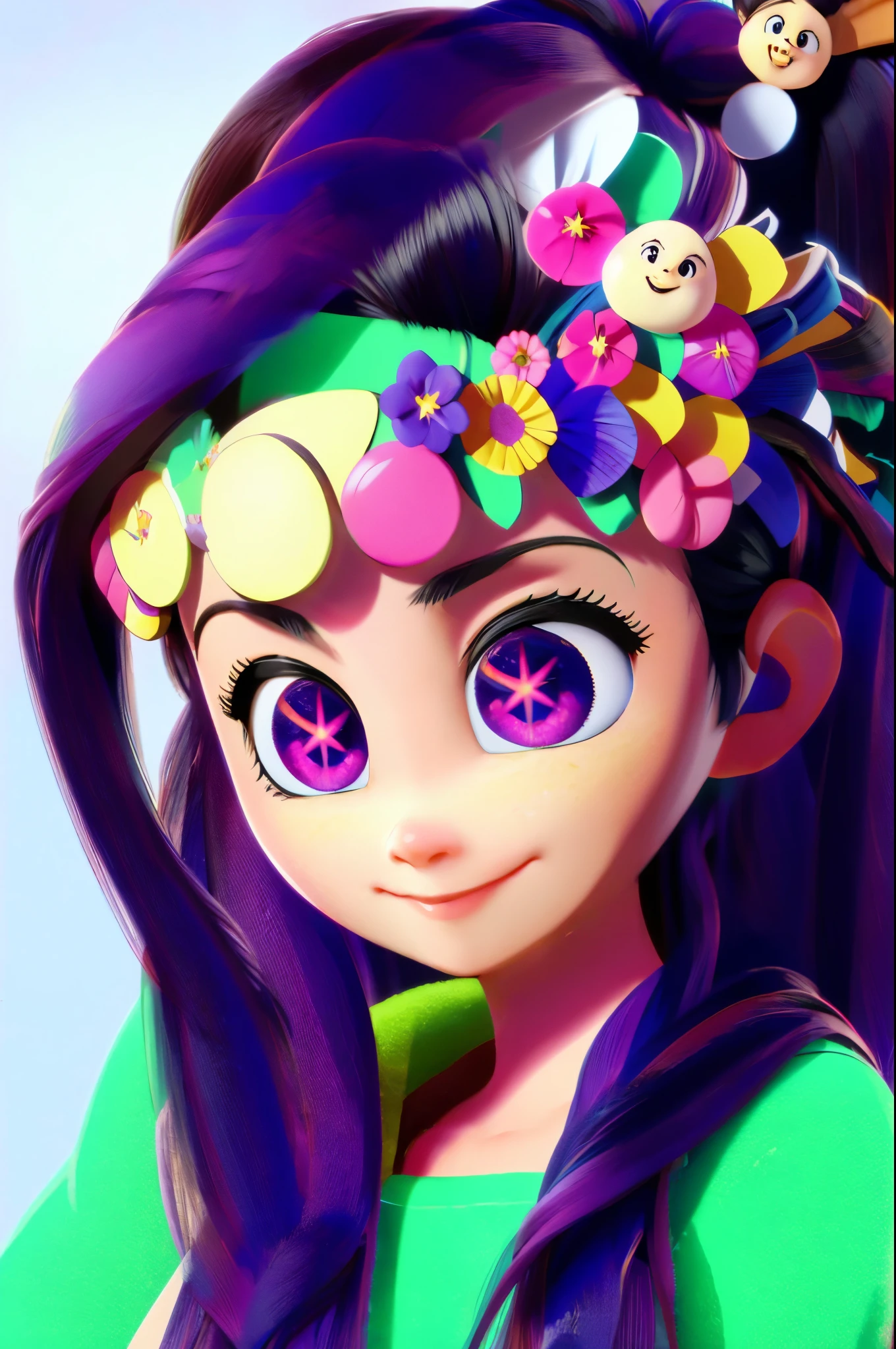 Hoshino Ai, long hair, purple hair, streaked hair, purple eyes, star-shaped pupils, hair ornament, 3D_Pixar_style