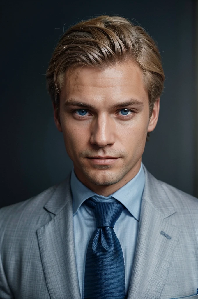 The image is a digital portrait of a man with blond hair and fair skin, wearing a finely detailed grey suit paired with a light blue shirt and a blue tie. His appearance suggests meticulous grooming, from his hairstyle to his teeth, exuding a polished and refined look. He is depicted with a slight smile and attentive eyes, focusing slightly to the left of the viewer, which lends him an approachable yet sharp demeanor. The man appears ready for a significant event, indicated by the smart attire that includes a pocket handkerchief, and the background is a deep sea blue which harmonizes with his tie and overall color palette. The portrait conveys an air of quiet elegance and professionalism.