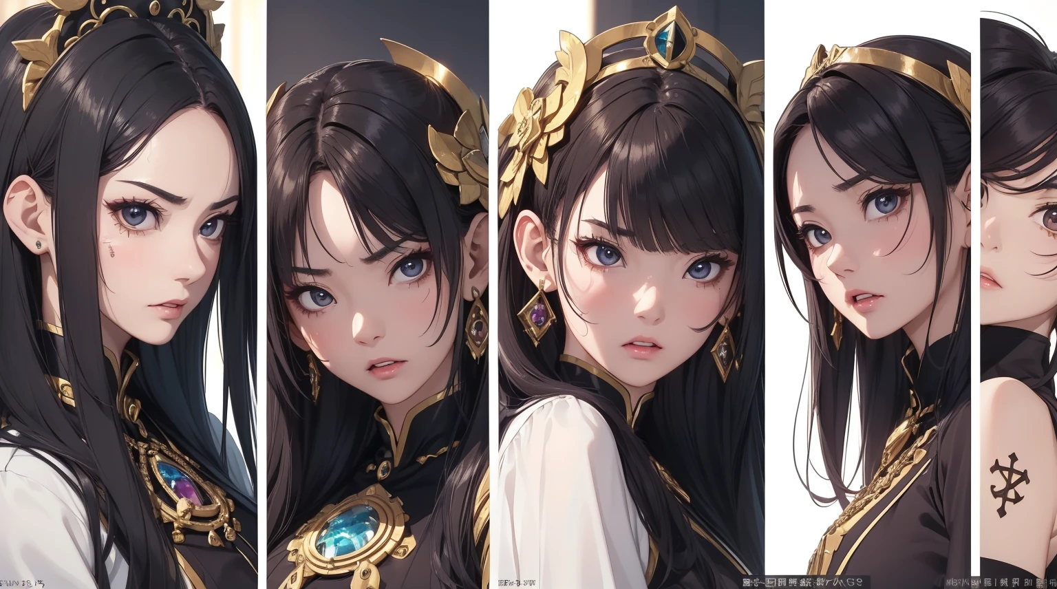 ((master-piece)),(((bestquality))), ultra-detail, Mature Women,master-piece, excellent,anime, Goth Girl, Women, Notre Dame, Masute Piece, 最高品質, annoyed, face only, Separate from each other...., fins, balance, jewelry, sharpt teeth, shouting, sparkling eyes, high-detail, ((4 expressions)), Jungle theme, ((Scab on the face, Glossy lips, Glossy skin, (((There are only four pages..))), (((Only four references)))