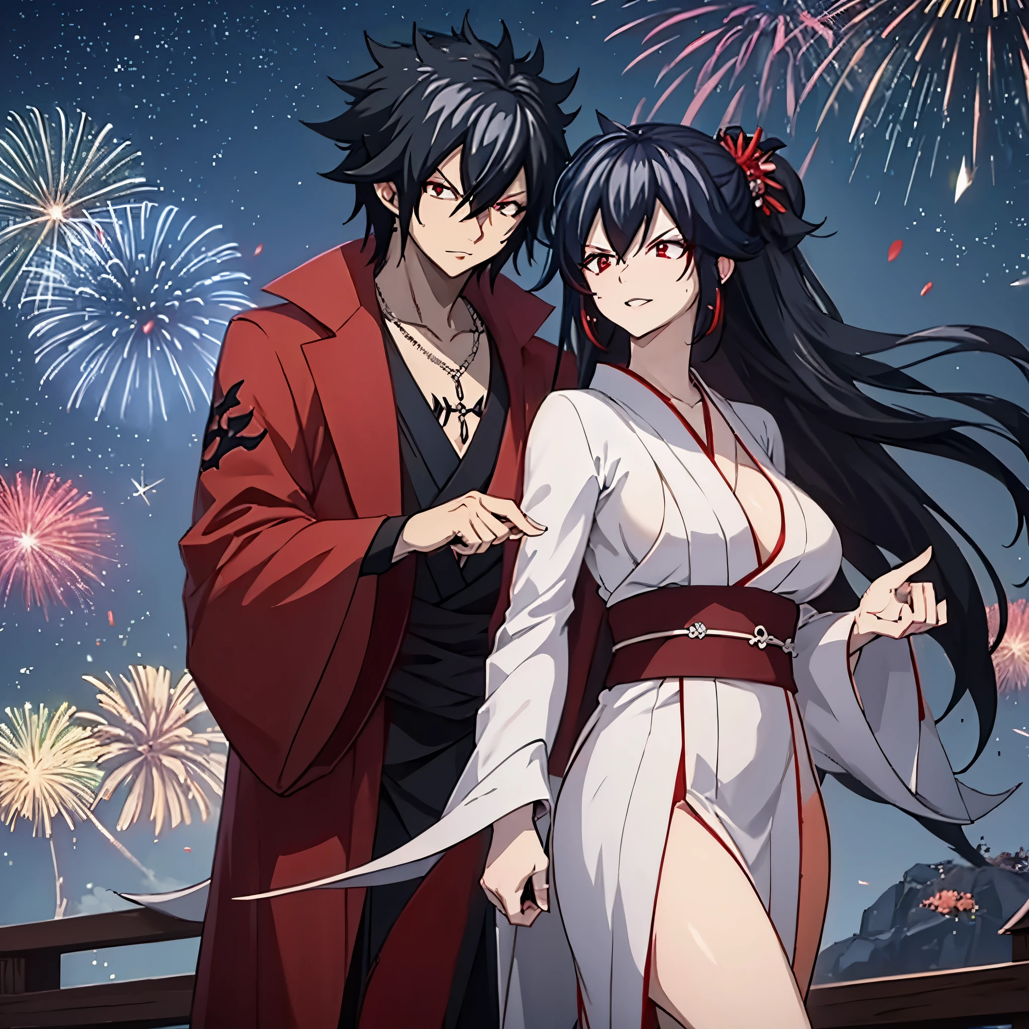 gray fullbuster using wearing kimono black next to a woman (eye red) sorridente in a red kimono at night with fireworks in the sky