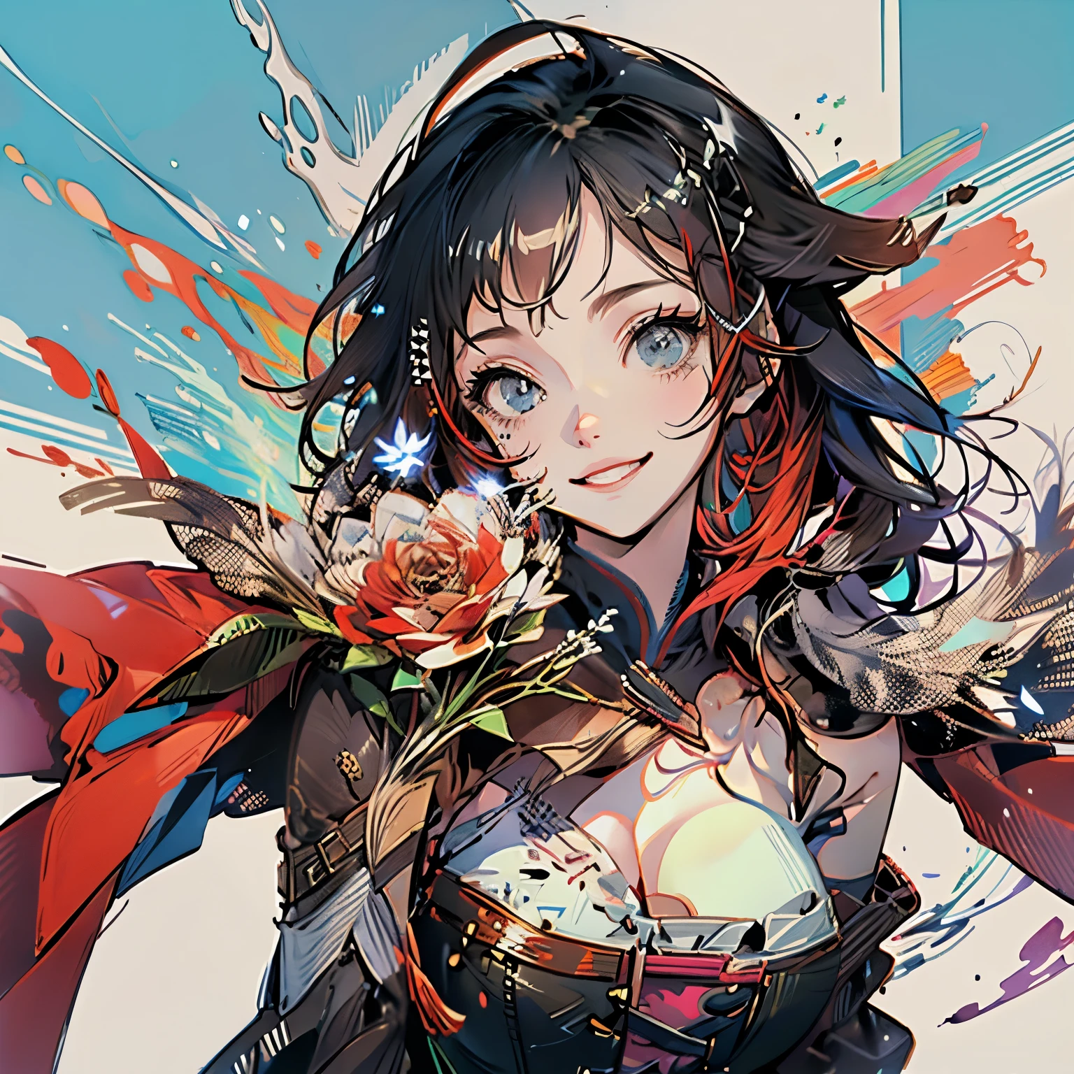 masutepiece, Best Quality:1.2), Solo, 1girl in, Mistral Rose, Smile, Looking at Viewer, Dress, corsets, red cape, thighs thighs thighs thighs