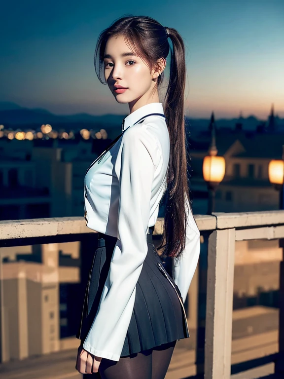 extremely detailed CG 32K Unity wallpaper, (raw photography, realistic:1.2), (professional photo, photorealistic:1.3), cinematic lighting, depth of filed, sharp focus, ultra high res, (perfect anatomy:1.5), realistic skin texture, intricately detailed face, ((from front view:1.2)), 1 girl, teen, 16 years old, solo, (cowboy shot:1.3), black hair, (ponytail:1.2), long hair, highly detailed skin, bright eyes, beautiful nose and lips, light smile, ((perfect body, beautiful body:1.3)), ((school uniform, long sleeves:1.4)), slender, medium breast, ((black tights:1.2)), walking, outdoor, winter, Japanese town