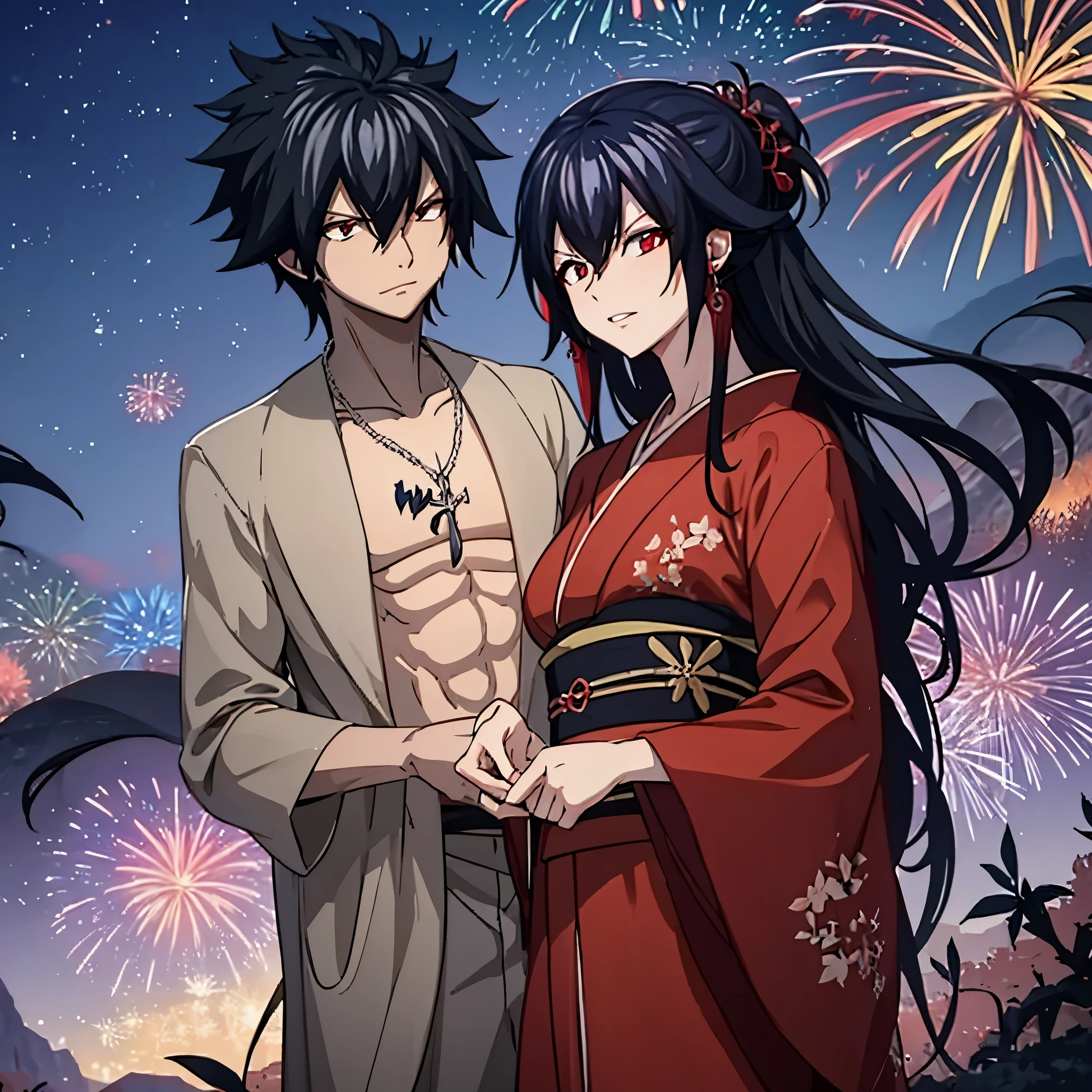gray fullbuster using wearing kimono black next to a woman (eye red) sorridente in a red kimono at night with fireworks in the sky