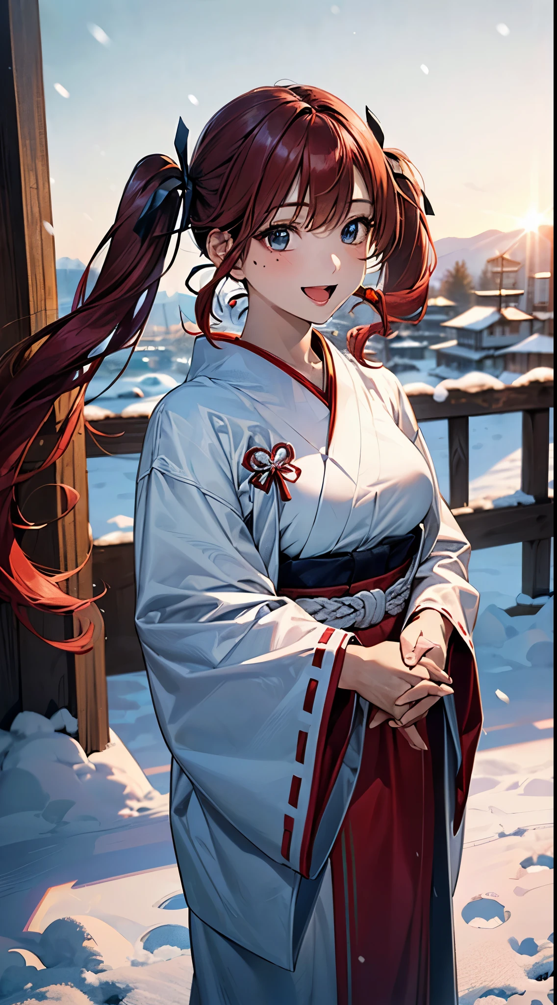 ((perfect anatomy, anatomically correct, super detailed skin)),
1 girl, japanese, 16 years old, shiny skin, large breasts:0.5, looking up, watching the view,
beautiful hair, beautiful face, beautiful detailed eyes, (middle hair:1.5, twintail:1.7), light brown hair, blue eyes, babyface, mole under eye,
((miko, red hair ribbon)),
((lovely smile, open mouth)), standing, walking, join hands,
(beautiful scenery), winter, dawn, (new year's day, first visit), hokkaido, sapporo, outside shrine, crowd, snow, snowfall:1.5, freezing weather, frost,
(8k, top-quality, masterpiece:1.2, extremely detailed), (photorealistic:1.2), sunlight, beautiful art, visual art, depth of fields, natural lighting,