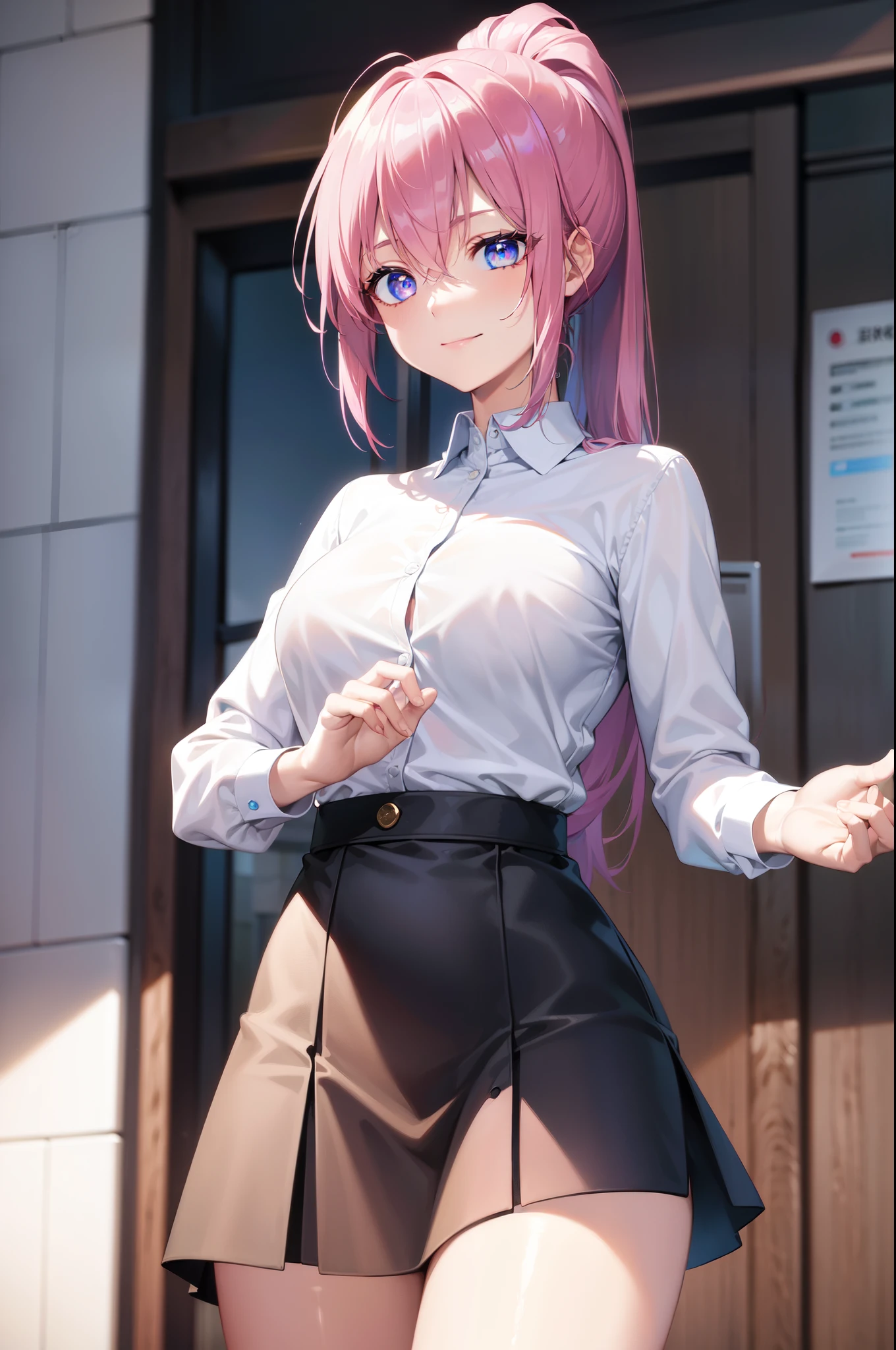 (((masterpiece))), 4k res, highly detailed, (((extremely detailed eyes))), (((good hands, good anatomy))), detailed background, crystal clear eyes, high quality, 1girl, solo, anime girl, best quality, highres, ultra-detailed, beautiful, 8k, sunray, ponytail, pink hair, blue vibrant eyes, school uniform, streets, Miyako Shikimori, close up view, smile