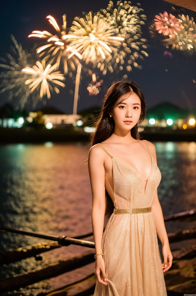 Adorable , Gorgeous , Beautiful , Russian Baby Face , Large Colossal Chest , 20 Years Old , White Skin , Slip Dress , Top of The Mountain Background , Wind , ((Bokeh:1.1)) , Deep Blue Eye , ((Gold Coloured)) , ((Firework:1.1)) , ((Night:1.3)) , Standing Pose , HDR , Ultra Detailed , EF 24-70mm f/2.8L II USM , Look at Viewers