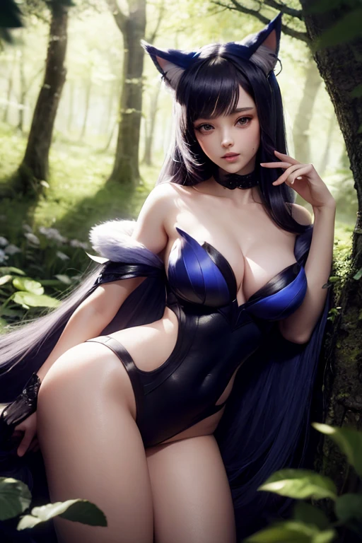 (Masterpiece:1.2), (Best quality:1.2), 1fille, Bois de sureau Ahri, cheveux longs, cheveux roses, jupe, clivage, marques de moustaches, in a forest, herbe, arbres