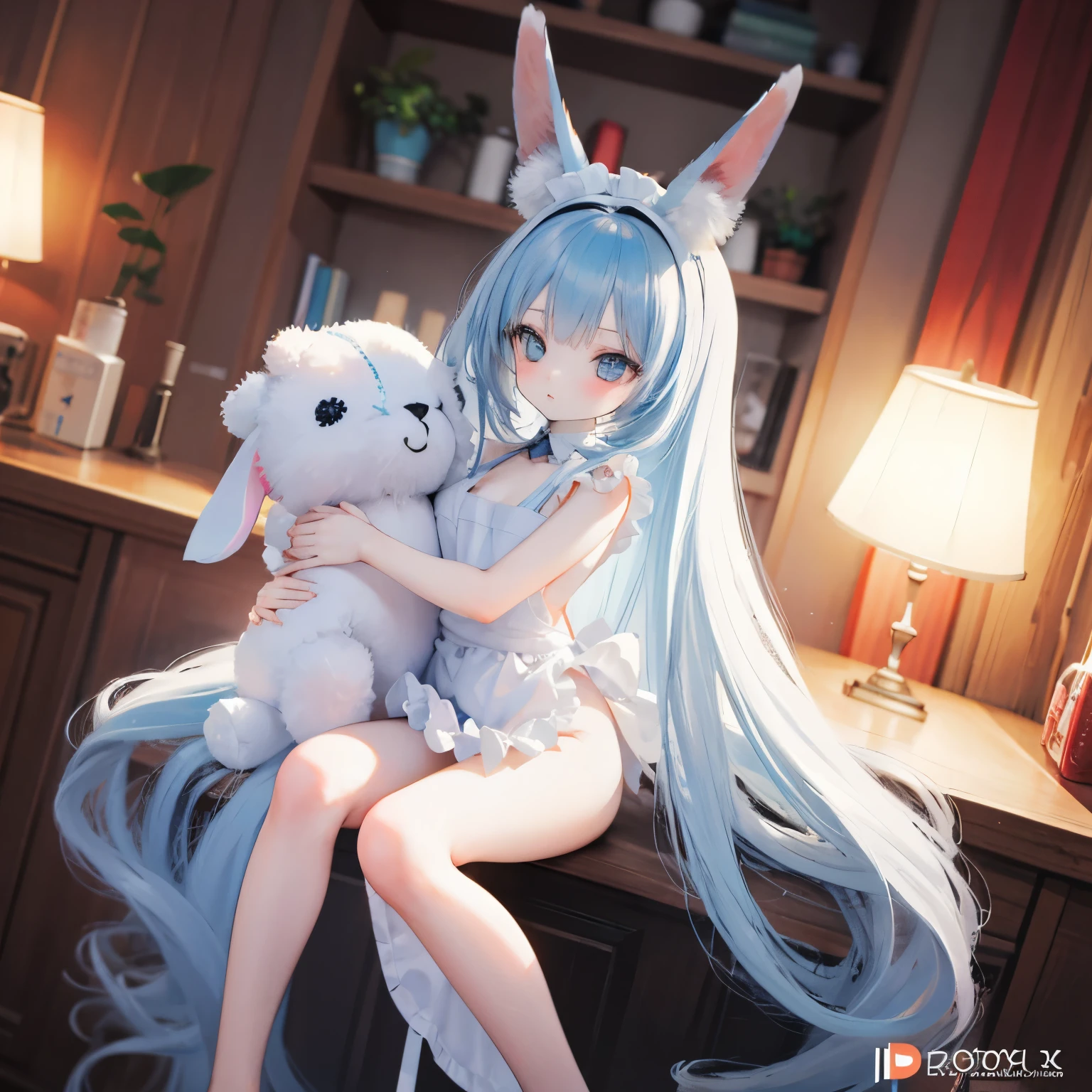 Beautiful illustration, Best quality at best, small girl, young girl, ****, baby face, nude, naked, no clothes, bare body, suspended congress, naughty maid apron, two legs, bare feet, pastel colour, rabbit ears, bunny ears, rabbit ears, petite, very long light blue hair, wavy long hair, stuffed toy, Bright lights, Light blue eyes