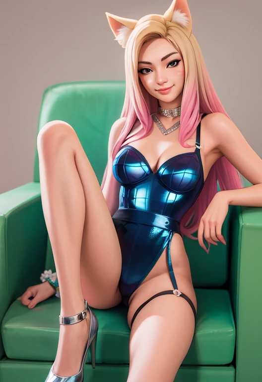 (medium shot, futa doll with glossy PVC , small erect penis, sitting spreading legs:1.3), black latex choker with dangling chain, earrings, blonde ponytail, minimal makeup, clean skin, in a dark room with modern furniture, anime-posters on the walls, plushie bear, anime figurines, soft toys, and pillows, partially nude, looking sexy at the viewer, showing her upper thigh, sitting , small penis visible veins, and a pink, thick, rounded mushroom head protruding from the top , attached to her groin.