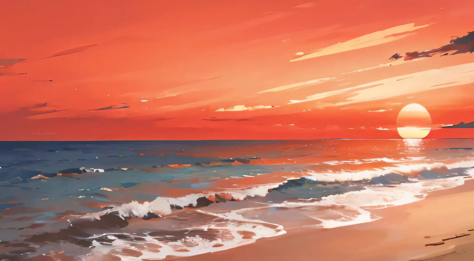 unmanned, beach sunset, quiet, warm colour, sky orange and red, high res, ultrasharp, 8k, masterpiece