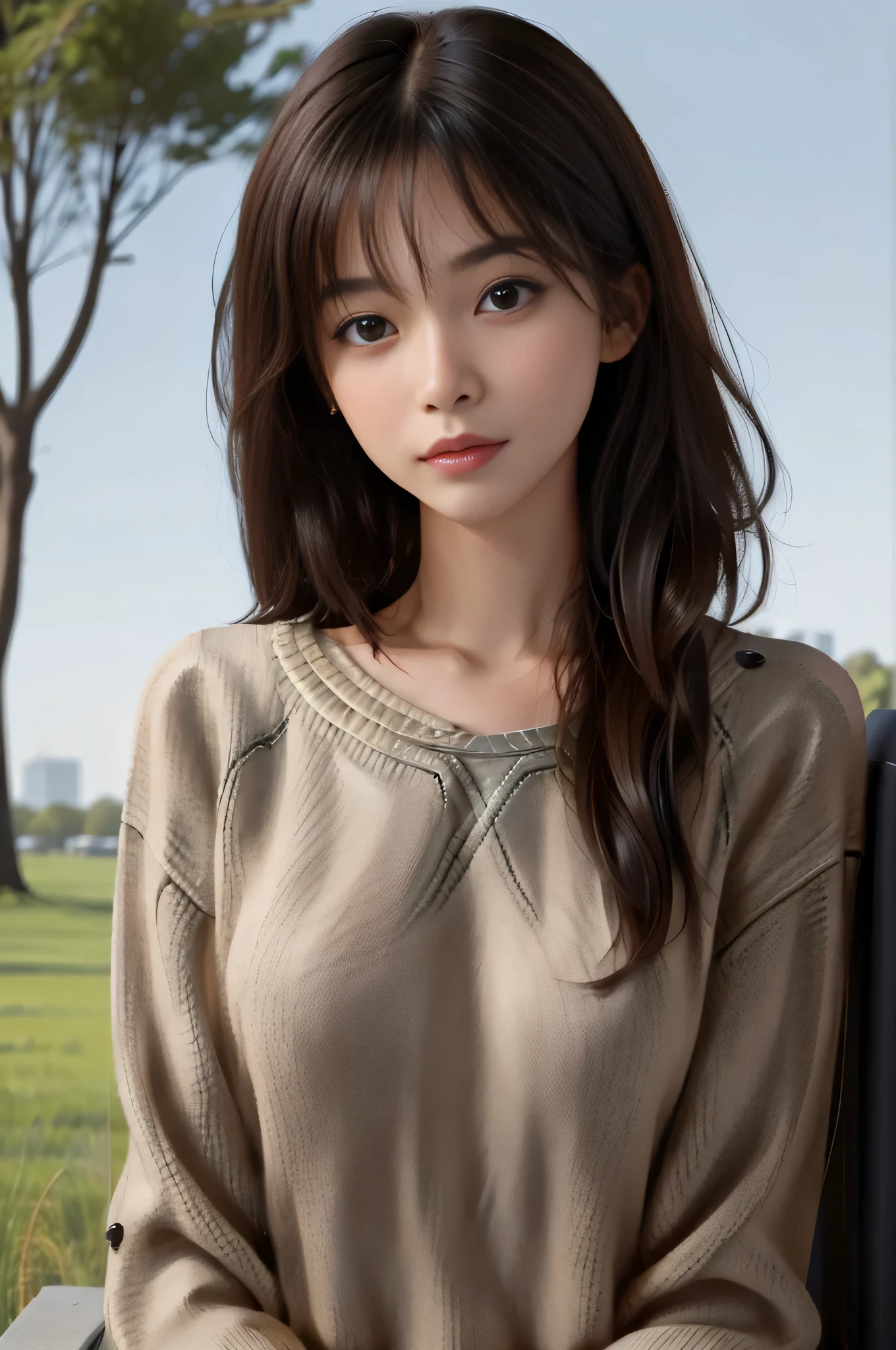 Best Quality, Photorealistic, 8K, hight resolution, fulcolor, 1girl in, Woman, 20 years old Woman, (Skindentation), (Portrait:0.6), Trees, park bench, Daylight, ((Park background:1.52)), fulcolor, ((Sweaters:1.68)), straight look at viewer:1.8, (1girl in eyes looking at viewer:1.55), (medium lenght hair, A dark-haired, parted hair:1.45), (Bokeh),