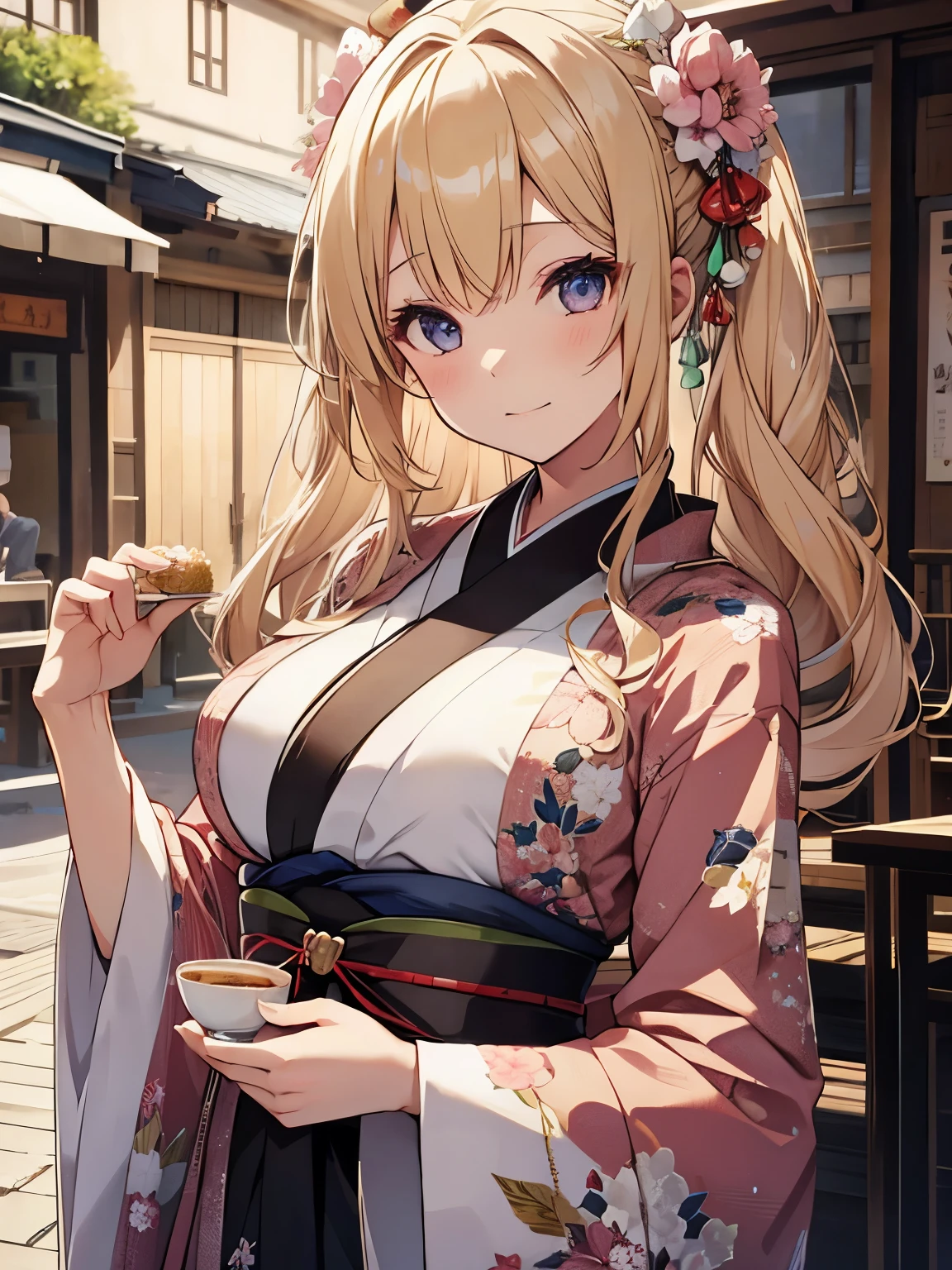 Girl in kimono、Blonde hair、Longhaire、large full breasts、Furisode、fashionable cafe