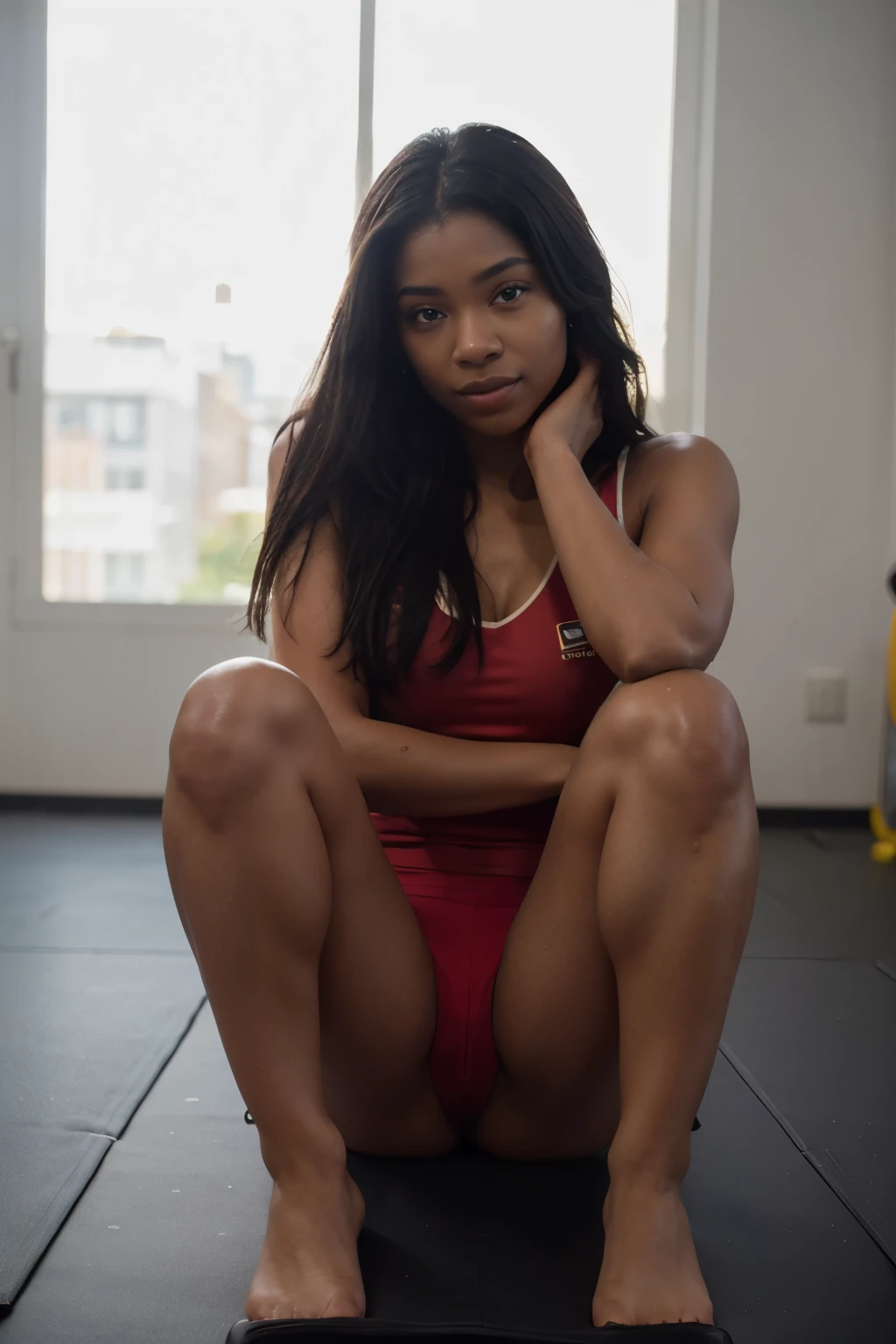 ((Photo in a gym )), Nikon Z 85mm, high resolution, an 18-year-old woman (((black skin color, ebony skin))), detailed face to perfection, face of mia kalifa, Sarah Banks' body, sumptuous body, luminous smile, gracefully adapted to a chic Silhouette,(( legs spread )),((on a sports mat )),(((sun lighting with expressive ray )),(she wears a red sports outfit )), very position, high detail, ((hyperrealism)),((((cinematographic quality))),((skin pore detail)))