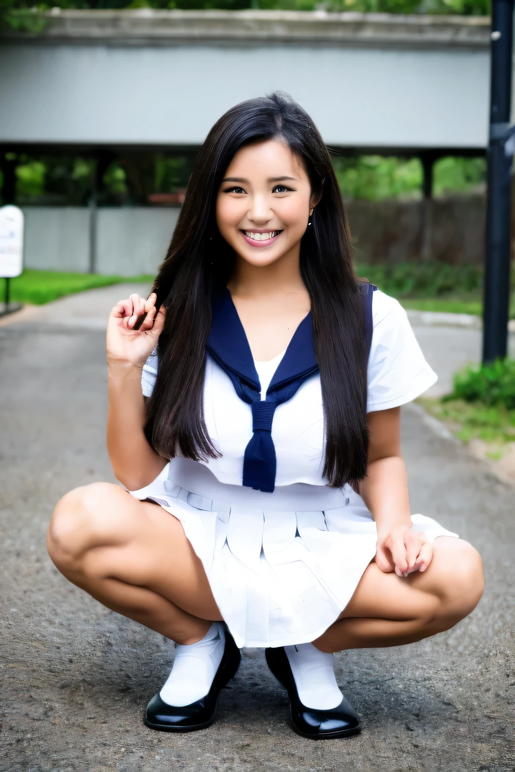 (actual, photo actual:1.2), ((Best quality)), Move the center of gravity back, quite embarrassing, white colors, (Public area display:1.4),Tight-fitting dresses, (超short  skirt:1.hold up your skirt:1.3), (crouched:1.4), heels on the ground on, a little, crouched with knees up, will be placed on the ground, Black Penny loafers, Beautiful facial details, Real human skin, gentle expressions, Front view, angle from below, actual,photoactual, Cute big breasts, short  skirt, crouched deep on school grounds, Cute big breasts school girl, Japanese high school girl uniform, a sailor suit, Full body lesbian,Happy smile, A natural smile, Enchanted smile, Enchanted smile, (looking at viewert:1.2), seen from the front, from below,