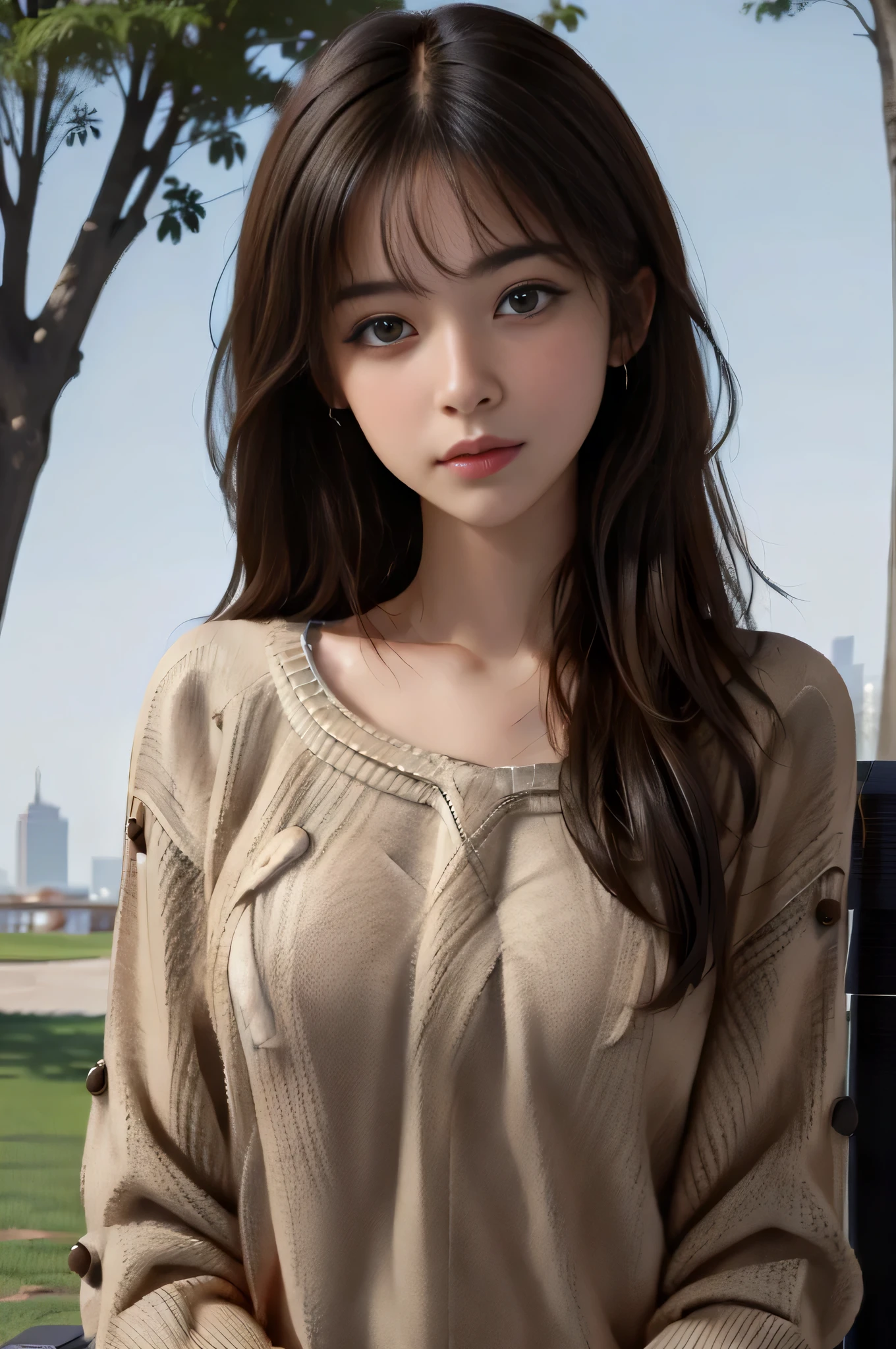 Best Quality, Photorealistic, 8K, hight resolution, fulcolor, 1girl in, Woman, 20 years old Woman, (Skindentation), (Portrait:0.6), Trees, park bench, Daylight, ((Park background:1.52)), fulcolor, ((Sweaters:1.68)), straight look at viewer:1.8, (1girl in eyes looking at viewer:1.55), (medium lenght hair, A dark-haired, parted hair:1.45), (Bokeh),