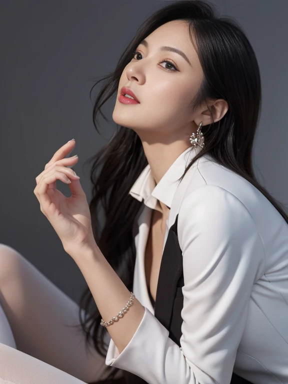 an beautiful，
(((tmasterpiece))), ((Best quality at best)), ((intricately details)), ((hyper realisitc)), Ridiculous resources, 摩洛解放阵线, Mature woman, （），Perspectives, The content is very detailed, Lighting, Perfect hands, detailed finger, 美丽细致lewd eyes, Long gray hair, 棕色lewd eyes, CEO, (Professional Dress:1.2), Blazer in similar color scheme，Paired with thin lapel dress,White leather tights,Pink collar, ear nipple ring, livestock, detailedbackground, Bedrooms, 完美lewd eyes, lewd eyes, looking at viewert, seen from the side