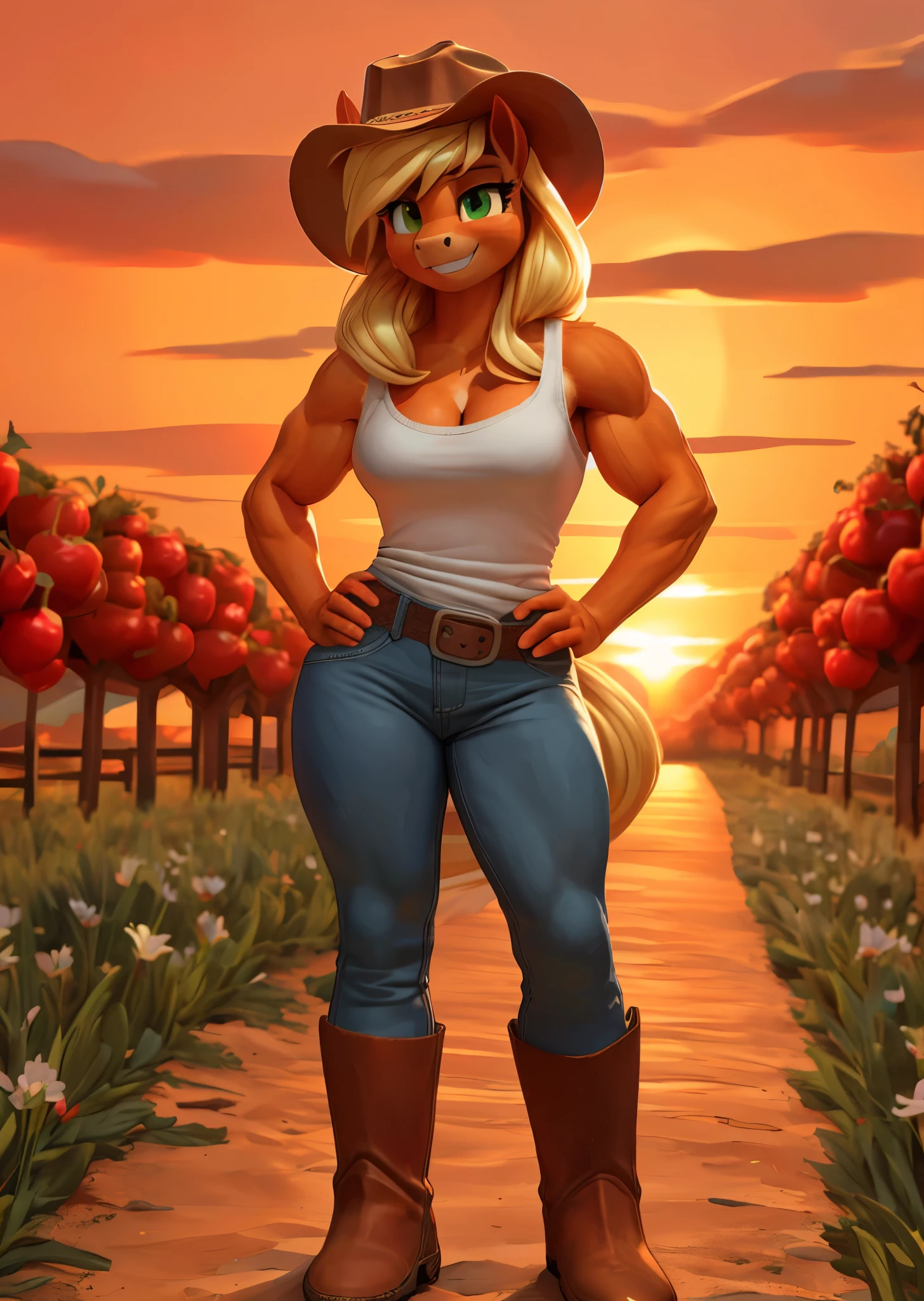[applejack], [Uploaded to e621.net; (siden), (Pixelsketcher), (mayosplash), (wamudraws)], ((masterpiece)), ((HD)), ((high res)), ((solo portrait)), ((front view)), ((feet visible)), ((furry; anthro)), ((detailed fur)), ((detailed shading)), ((beautiful render art)), ((intricate details)), {anthro horse; (slim figure), (orange fur), (cute green eyes), horse snout, (two nostrils), long blonde hair, (hair bang), (curvy hips), (defined muscles), (beautiful legs), (cute grin)}, {(white Tank top, (), (tight blue jeans), (brown cowboy boots), (cowboy hat)}, {(standing), (hand on hip), (looking at viewer)}, [background; (apple orchard), (sunset), (orange sky), (sun rays), (ambient lighting)]