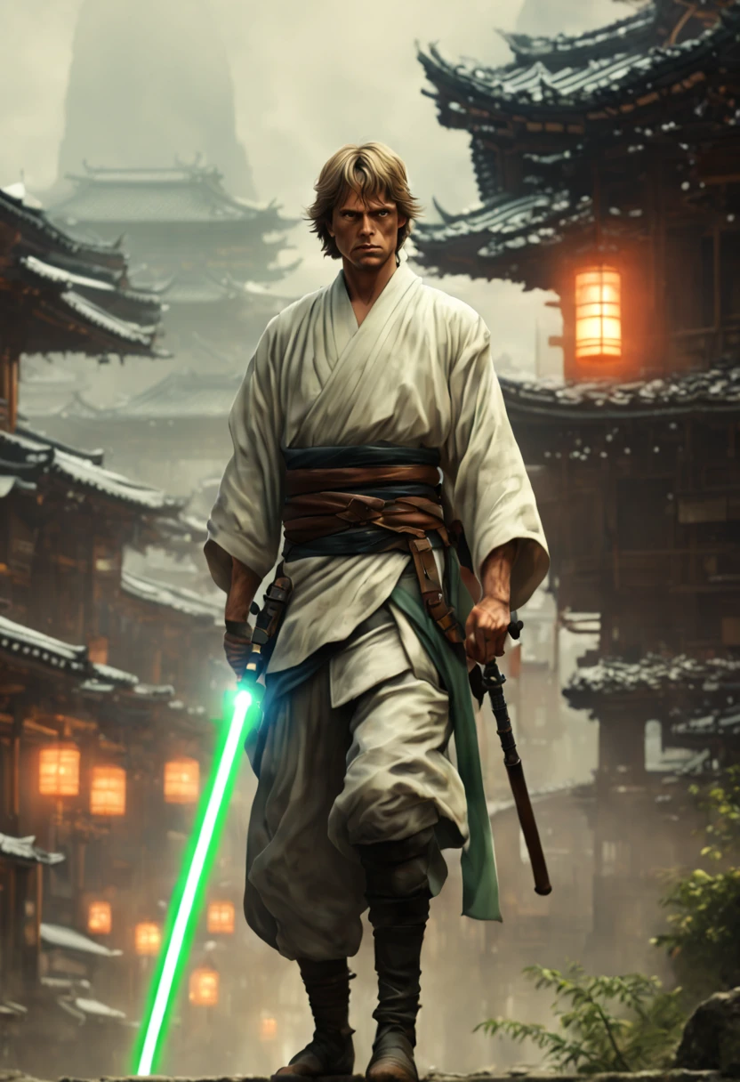 (8k uhd, masterpiece, best quality, high quality, absurdres, ultra-detailed, detailed background), (full body:1.4), (a Japanese luke skywalker samurai with great green lightsaber sword, walking across village), (beautiful, aesthetic, perfect, delicate, intricate:1.2), (color scheme: white), (size and shape of great sword: Daishō, massive and double-edged), (type of armoroni, face reveal on luke skywalker , blue eyes, bone and leather), (environment: ancient Japan street, outside, cyberpunk, Cyberpunk, ), perspective: slightly low angle to emphasize the warrior's power, lighting: dramatic, with a spotlight illuminating the warrior's face and sword, (depth of field: shallow, with the warrior in sharp focus and the fiery background slightly blurred), cyborg style, Movie Still, cyborg, steampunk style,