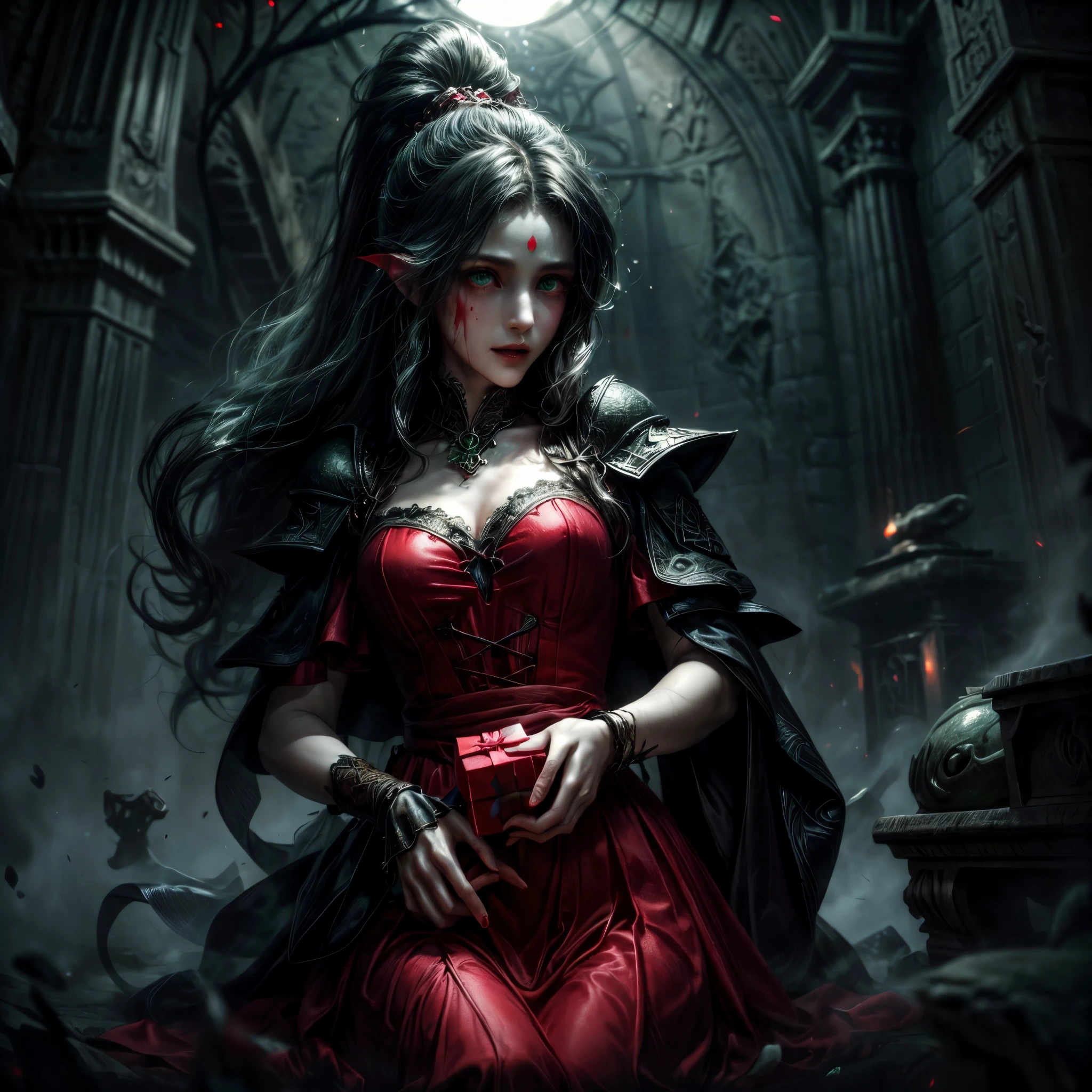 a picture of vampire standing in the front of her home holding a (blood: 1.3) dripping (gift box: 1.5), an exquisite beautiful female vampire in her front door of her home, full body (ultra detailed, Masterpiece, best quality), ultra detailed face (ultra detailed, Masterpiece, best quality), grey skin: 1.3 , blond hair, hair in a ponytail, long hair, blue eyes, cold eyes, glowing eyes, intense eyes, smile with [drops of blood on face] (ultra detailed, Masterpiece, best quality), dark red lips, [vampire fangs], wearing red dress (ultra detailed, Masterpiece, best quality), (green: 1.4) dark green cloak, (green: 1.3) green high heeled boots in front of her home, holding a (white: 1.4) (gift box: 1.5) dripping red blood GlowingRunes_red (ultra detailed, Masterpiece, best quality, high details, best quality, 16k, [ultra detailed], masterpiece, best quality, (ultra detailed), full body, ultra wide shot, photorealism, luis royo style, dark fantasy art, moon light coming through the window, moon rays, gothic art, sense of dread, sense of seduction, bloodmagic,