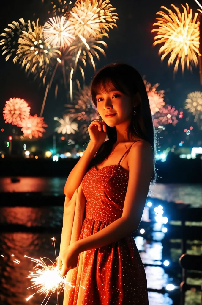 A photo of very beautiful Thai girl wearing a nice cloth dress, standing next to the river with a sparkler in hand. The atmosphere is beautiful with fireworks and colorful lights on the night of New Year's Eve..