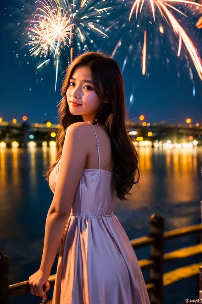 A photo of very beautiful Thai girl wearing a nice cloth dress, standing next to the river with a sparkler in hand. The atmosphere is beautiful with fireworks and colorful lights on the night of New Year's Eve..