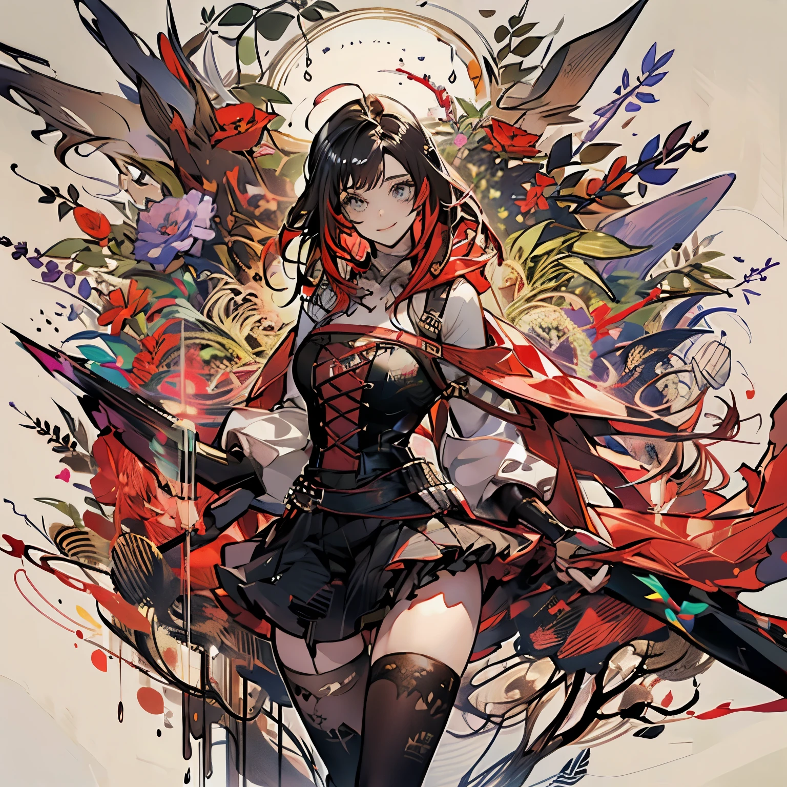 masutepiece, Best Quality:1.2), Solo, 1girl in, Mistral Rose, Smile, Looking at Viewer, Dress, corsets, red cape, thighs thighs thighs thighs