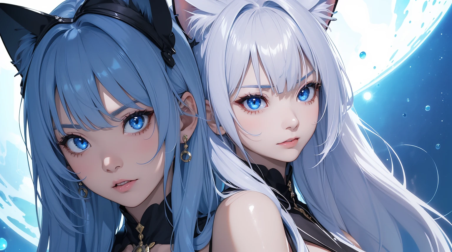 ((master-piece)),(((bestquality))),(Character design sheet.., Front, side),master-piece,best picture quality,ultra-detail,illustration,a girl,Beautiful and delicate blue eyes,viewer look,Close-up cleavage,โฟกัสFrontอก,They have short white hair.,Be shy.,cat ear,glowing blue necklace,Moon Background,Blue-red eyes,Heterochromic pupils, annoyed, ใบFrontเท่านั้น, Separate from each other..., fins , sharpt teeth, shouting, sparkling eyes, high-detail, ((4 expressions)), Jungle theme, ((ตกสะเก็ดบนใบFront, Glossy lips, Glossy skin, (((มีสี่Frontเท่านั้น))), (((Only four references)))