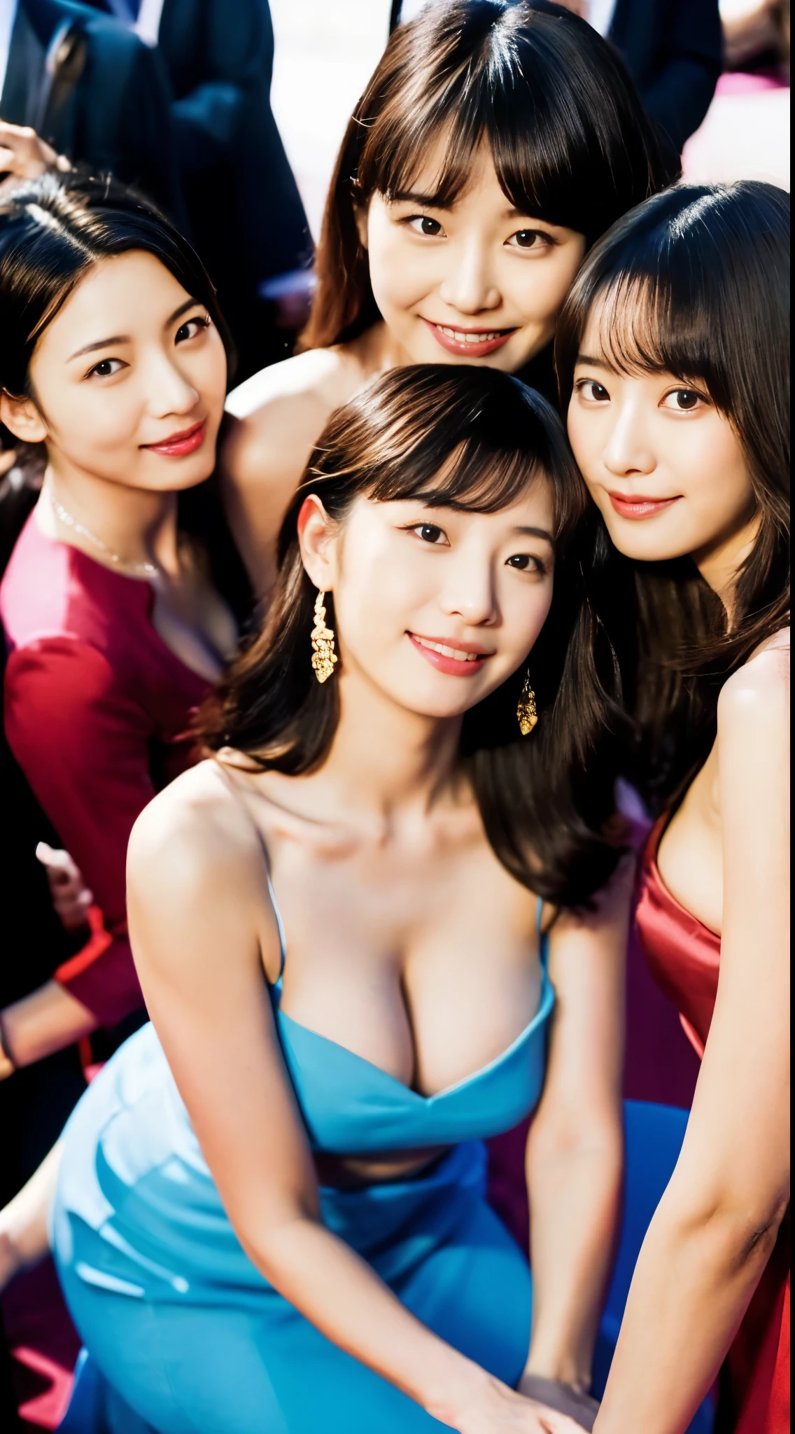 (Best Quality, masutepiece, photographrealistic, ultra-detailliert, 超A high resolution, raw:1.3), (4 girls, Beautiful Japan actress, 25 years old), double iris), (Smile), Detailed face, She has big ring earrings and red eyeshadow makeup.。,Bright blonde delicate mid-cut hair,The ends of the hair are wavy,Classy hairstyle,Detailed eyes, (Actress with slender figure,small tits, Smaller hips, sideboob barbosa), (Butt crack, naked waist, Bare back:1.3), (sexy silk embroidered mermaid dress:1.2), (from behind), up looking_で_viewer, BREAK black long hair, BREAK (Ceremony, Red carpet, Large crowds:1.5),My butt is also exposed,Profile beauty,