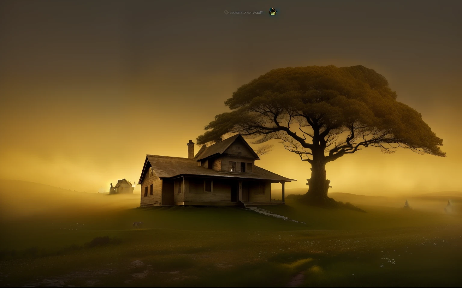 there is a house on a hill with a tree in the fog, house background, house on a hill, old house, location of a dark old house, landscape wallpaper, amazing wallpaper, house on background, wallpaper - 1 0 2 4, solitary cottage in the woods, wallpaper hd, cottagecore, stunning screenshot, southern gothic scene