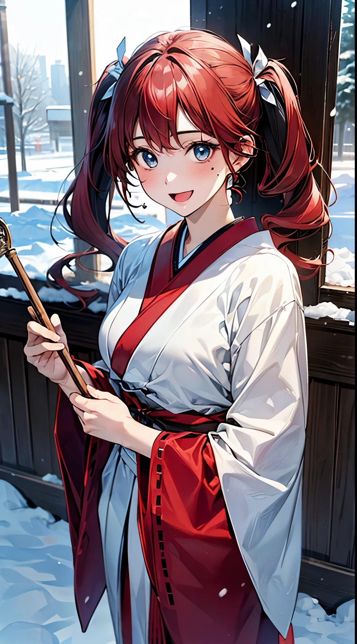 ((perfect anatomy, anatomically correct, super detailed skin)), 
1 girl, japanese, 16 years old, shiny skin, large breasts:0.5, looking up, watching the view, 
beautiful hair, beautiful face, beautiful detailed eyes, (middle hair:1.5, twintail:1.7), dark blue hair, blue eyes, babyface, mole under eye, 
((miko, red hair ribbon)), 
((lovely smile, open mouth)), standing, walking, holding exorcism stick, 
(beautiful scenery), winter, dawn, (new year's day, first visit), hokkaido, sapporo, outside shrine, crowd, snow, snowfall:1.5, freezing weather, frost, 
(8k, top-quality, masterpiece​:1.2, extremely detailed), (photorealistic:1.2), sunlight, beautiful art, visual art, depth of fields, natural lighting,
