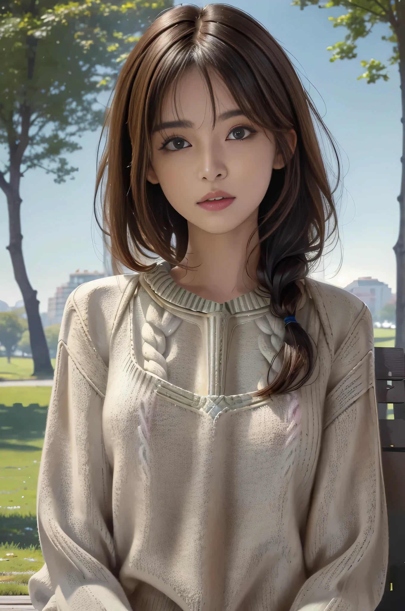 Best Quality, Photorealistic, 8K, hight resolution, fulcolor, 1girl in, Woman, 20 years old Woman, (Skindentation), (Portrait:0.6), Trees, park bench, Daylight, ((Park background:1.52)), fulcolor, ((Sweaters:1.68)), straight look at viewer:1.8, (1girl in eyes looking at viewer:1.55), (medium lenght hair, A dark-haired, parted hair:1.45), (Bokeh),