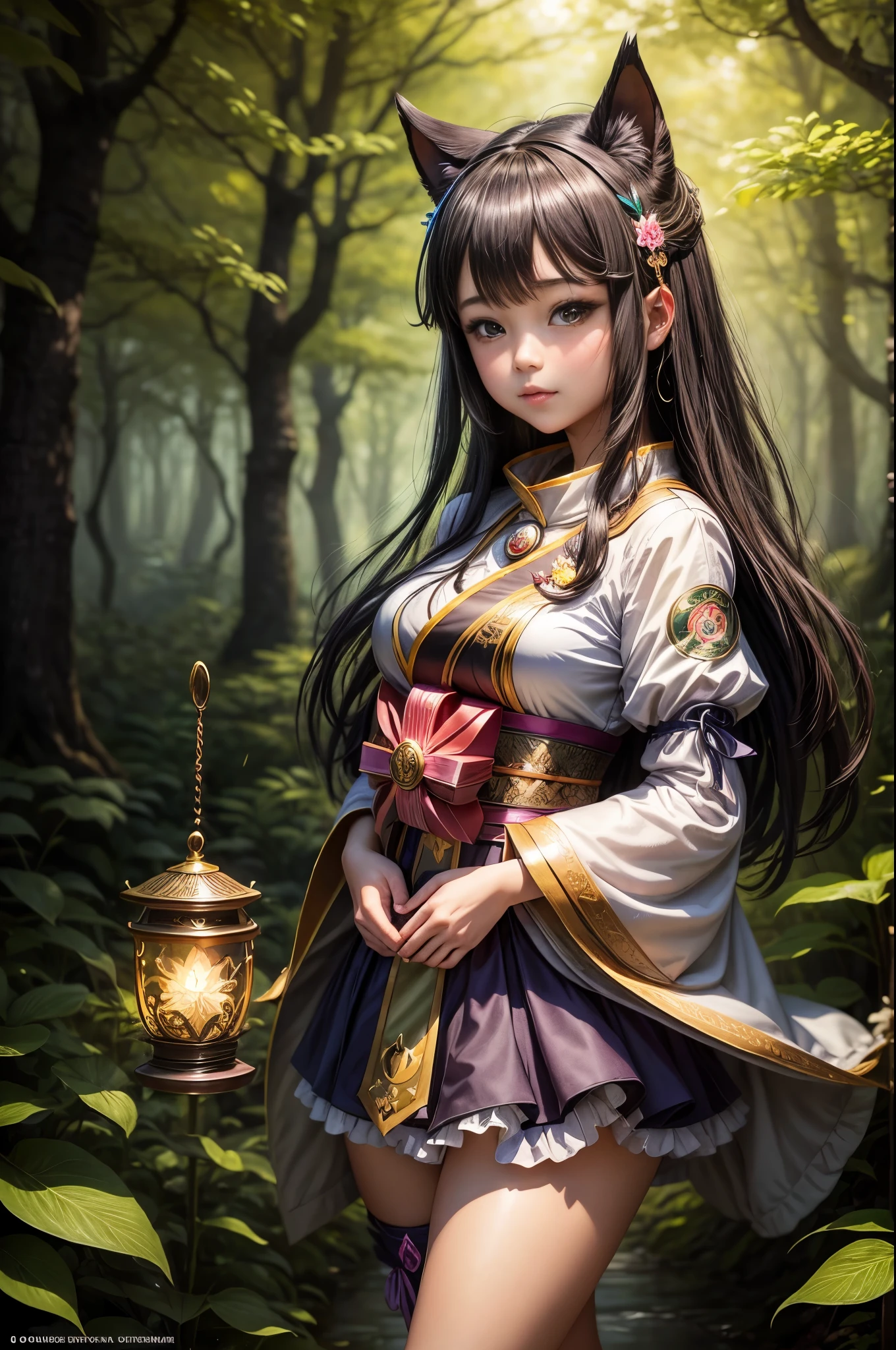 "((Kawaii)) girl in fantasy attire, holding a Yamato's Kuroneko logo parcel, (enchanted forest) backdrop, (mystical lighting), best quality, high resolution, detailed, ((whimsical composition)), (magical atmosphere)."