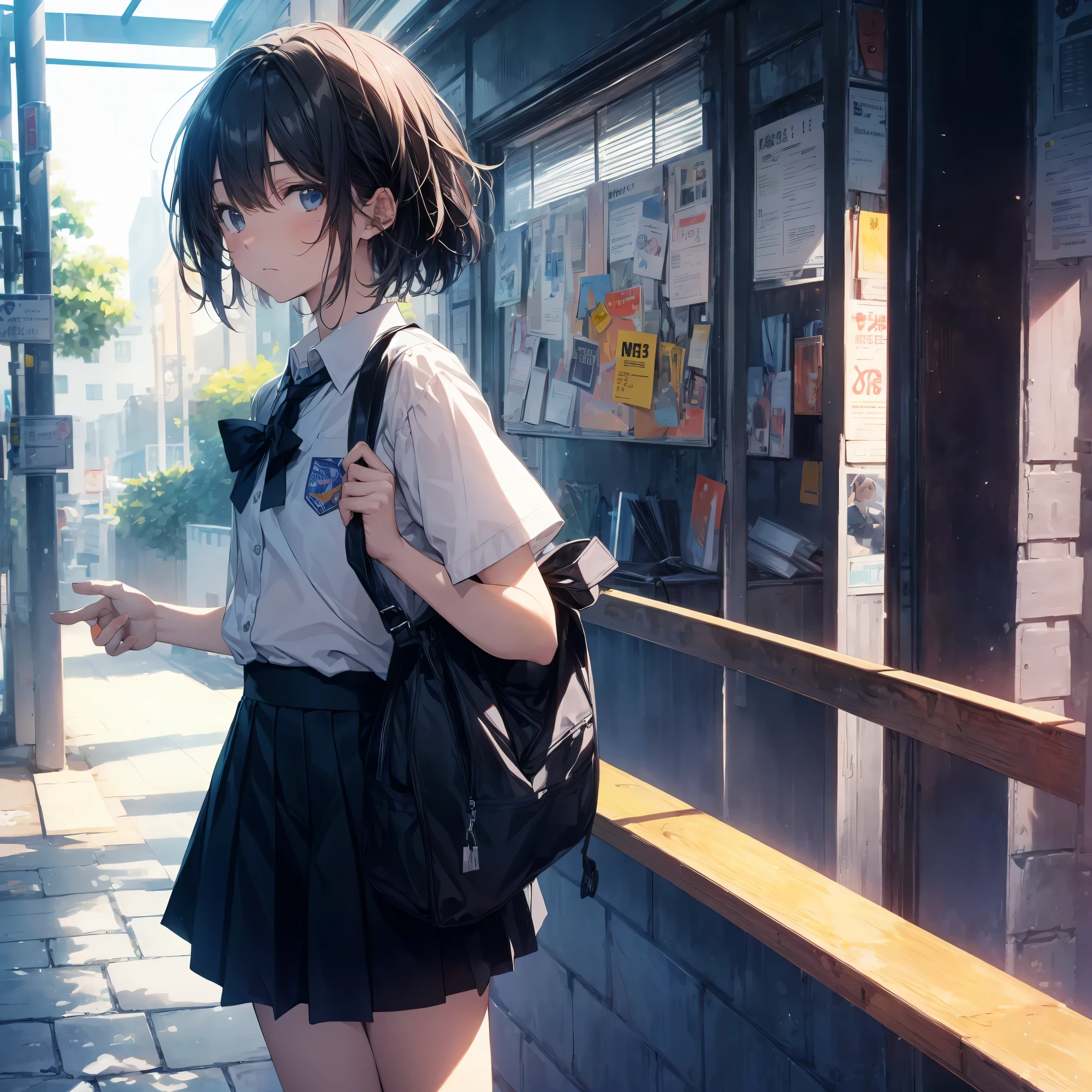 Super high quality by the art god, Ultra-detailed, High resolution, Shinkai Makoto style, anime moe art style, best anime 8K konachan wallpaper, Pixiv Contest Winner, Perfect Anatomy, BREAK,(Please draw a sleepy girl going to school alone.. ),BREAK, a hyperrealistic schoolgirl, (Solo,Lori,child,13years:1.3),Full limbs, complete fingers,a junior high school student, Androgynous attraction, (extra very short hair), hair messy, flat and soft chest, Small butt, groin, Small eyes,Beautiful detailed black eyes, Well-proportioned iris and pupils, disgusted eye, High resolution detailed hair, School uniform, Skirt,  On the way to school. BREAK,Ultra-detailed細なスキン, Best lighting by famous artists, 8K, Illustration,