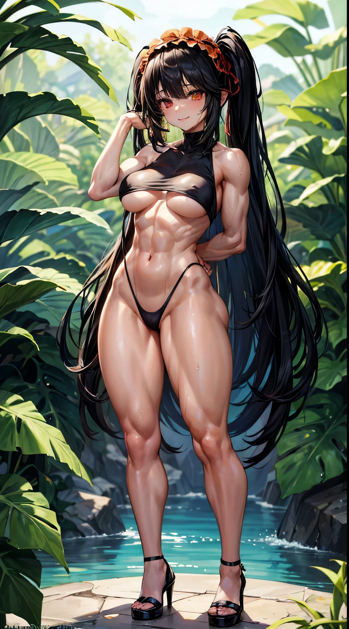 1 girl, bare shoulders, black hair, medium breasts, (muscular legs), white skin, muscular belly, wide hips, thin waist, (((clock eyes))), in the pool with the hot sun, (naked showing her muscles), (((being sexy))), full body, hair band, (((all wet))), (standing), heterochromia, black high heel shoes, ta hair band, long hair, red eyes, smile only, symbol-shaped pupils, (Kurumi tokisaki), (Double tails), yellow eyes