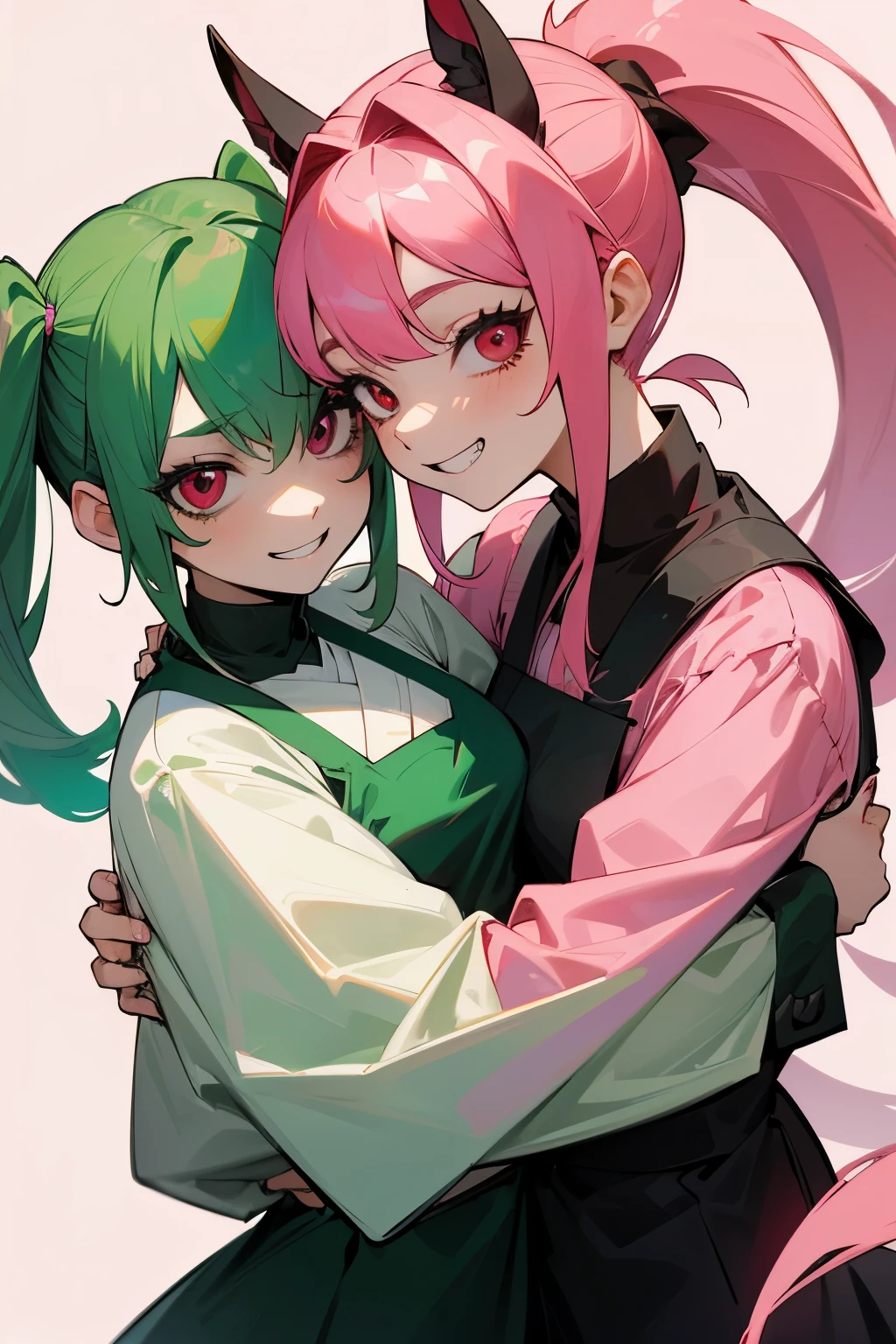 picture of two women、(Woman with pink hair、deadpan、Twin-tailed)、(Woman with green hair、red eyes、grinning、poneyTail)
