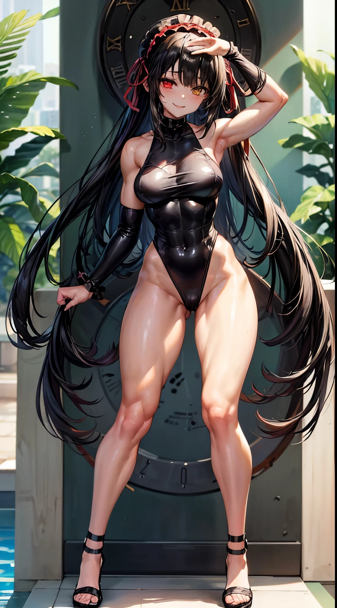 1 girl, bare shoulders, black hair, medium breasts, (muscular legs), white skin, muscular belly, wide hips, thin waist, (((clock eyes))), in the pool with the hot sun, (naked showing her muscles), (((being sexy))), full body, hair band, (((all wet))), (standing), heterochromia, black high heel shoes, ta hair band, long hair, red eyes, smile only, symbol-shaped pupils, (Kurumi tokisaki), (Double tails), yellow eyes