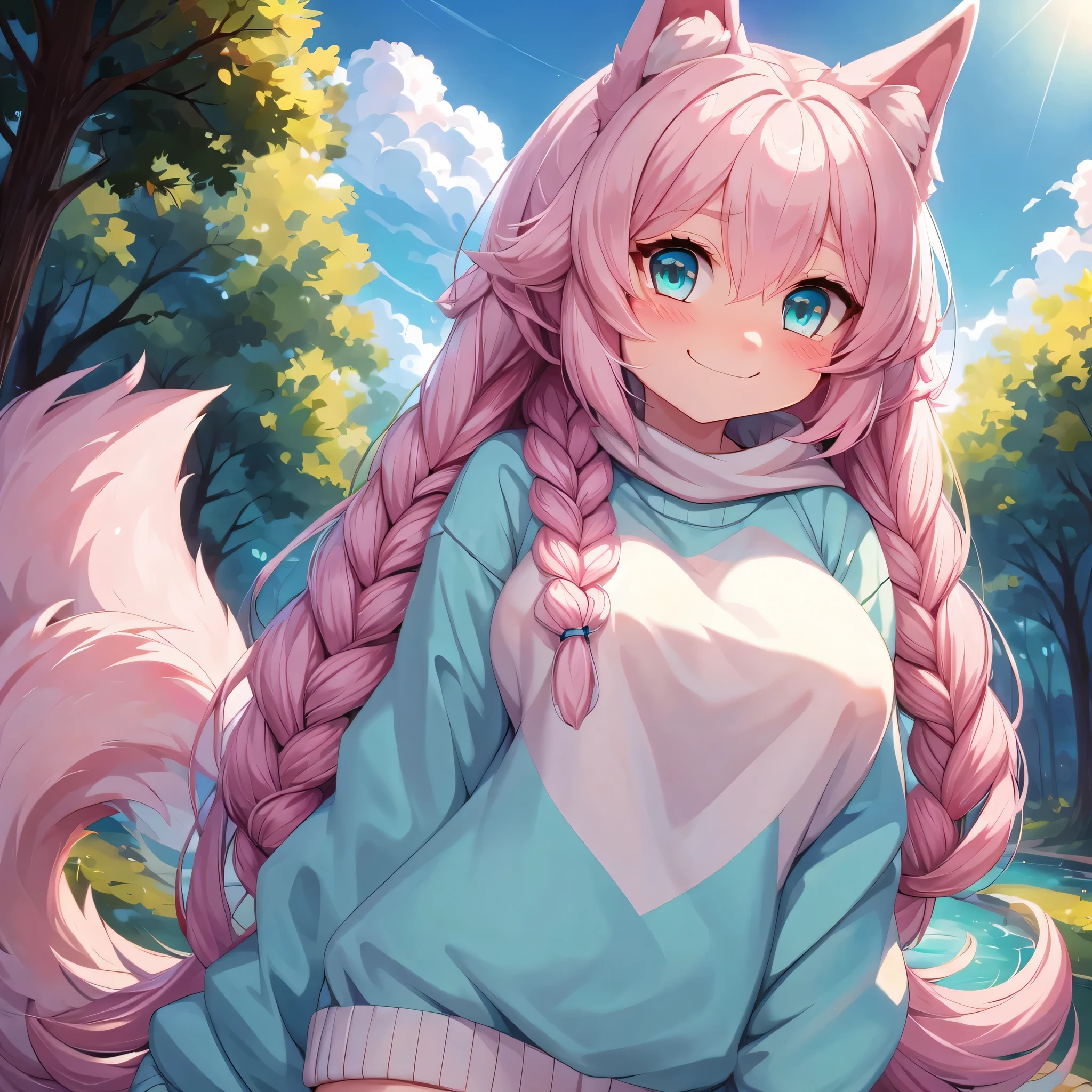 (Masterpiece) (High Detail) (High Res) A Close up of a short petite humanoid girl with pale human skin, bright turquoise-coloured eyes, long pink hair in a braid and large fluffy pink dog ears and a big fluffy pink dog tail and average breasts. She is smiling shyly and is blushing. She is wearing a pink oversized sweater. She alone is outdoors. Looking up at viewer.